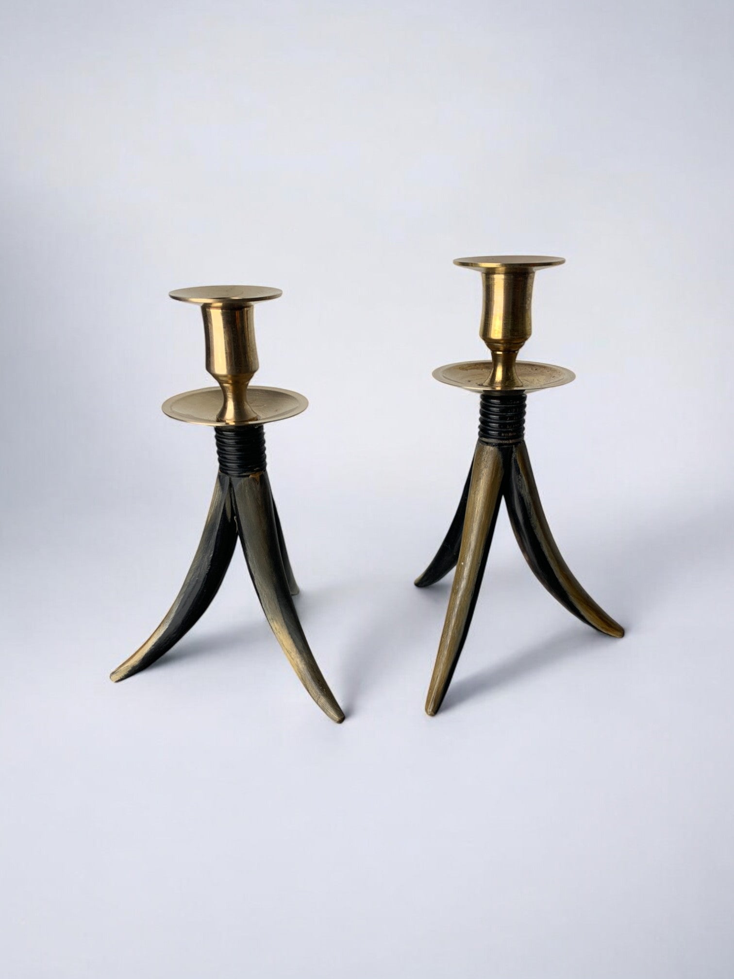 Pair of Faux Horn Candleholders, Resin and brass, Italy 1970's