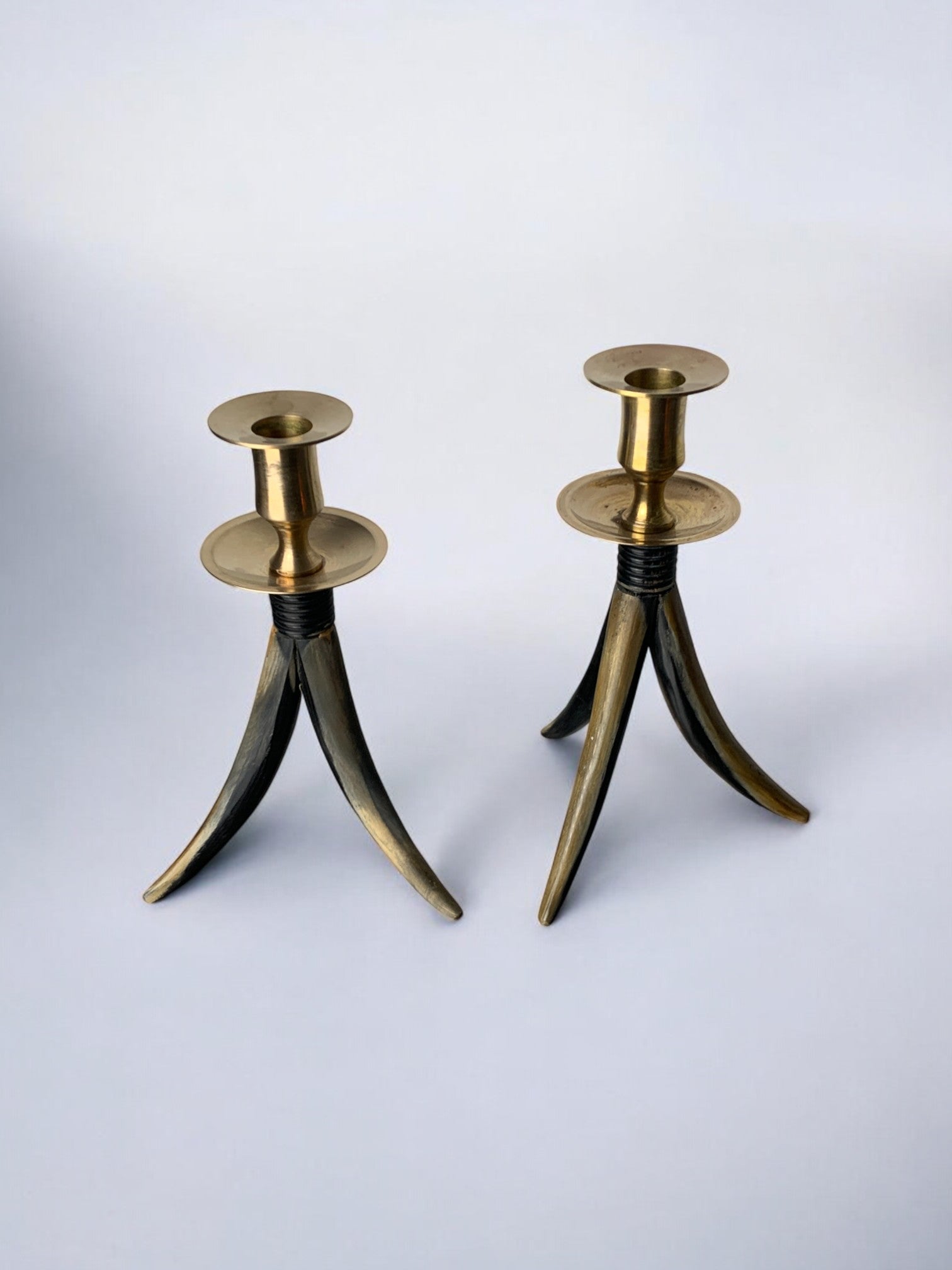 Pair of Faux Horn Candleholders, Resin and brass, Italy 1970's