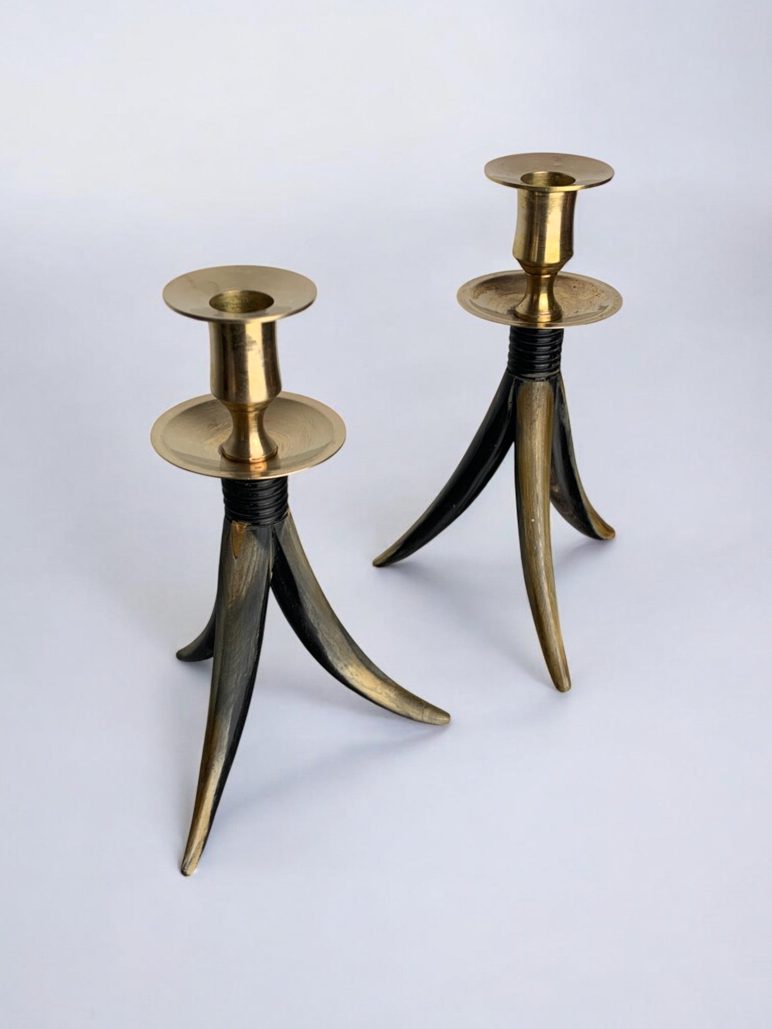 Pair of Faux Horn Candleholders, Resin and brass, Italy 1970's