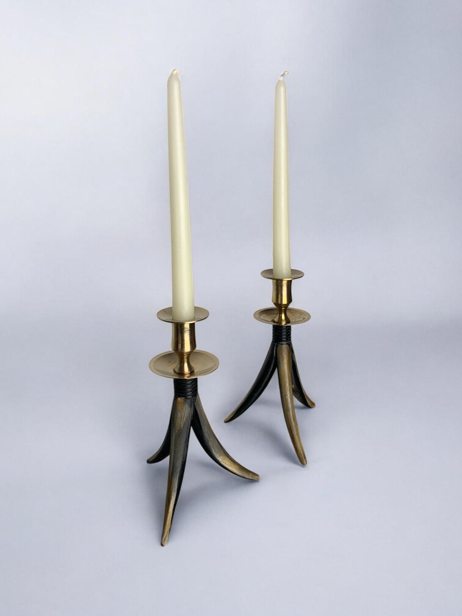 Pair of Faux Horn Candleholders, Resin and brass, Italy 1970's
