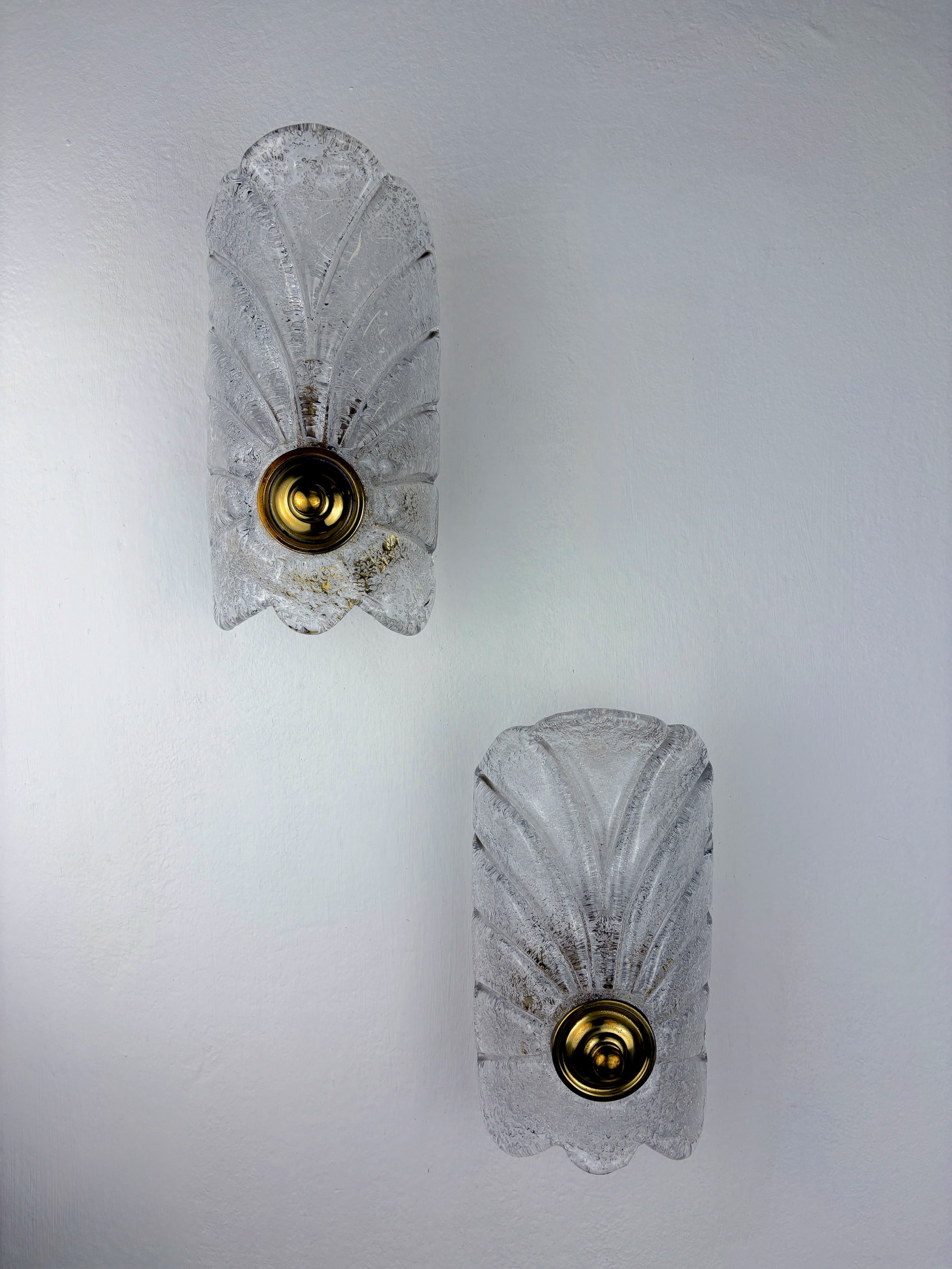 Pair of Murano Frosted Leaf Sconces, Textured Glass & Gilt Details, Italy 1970's