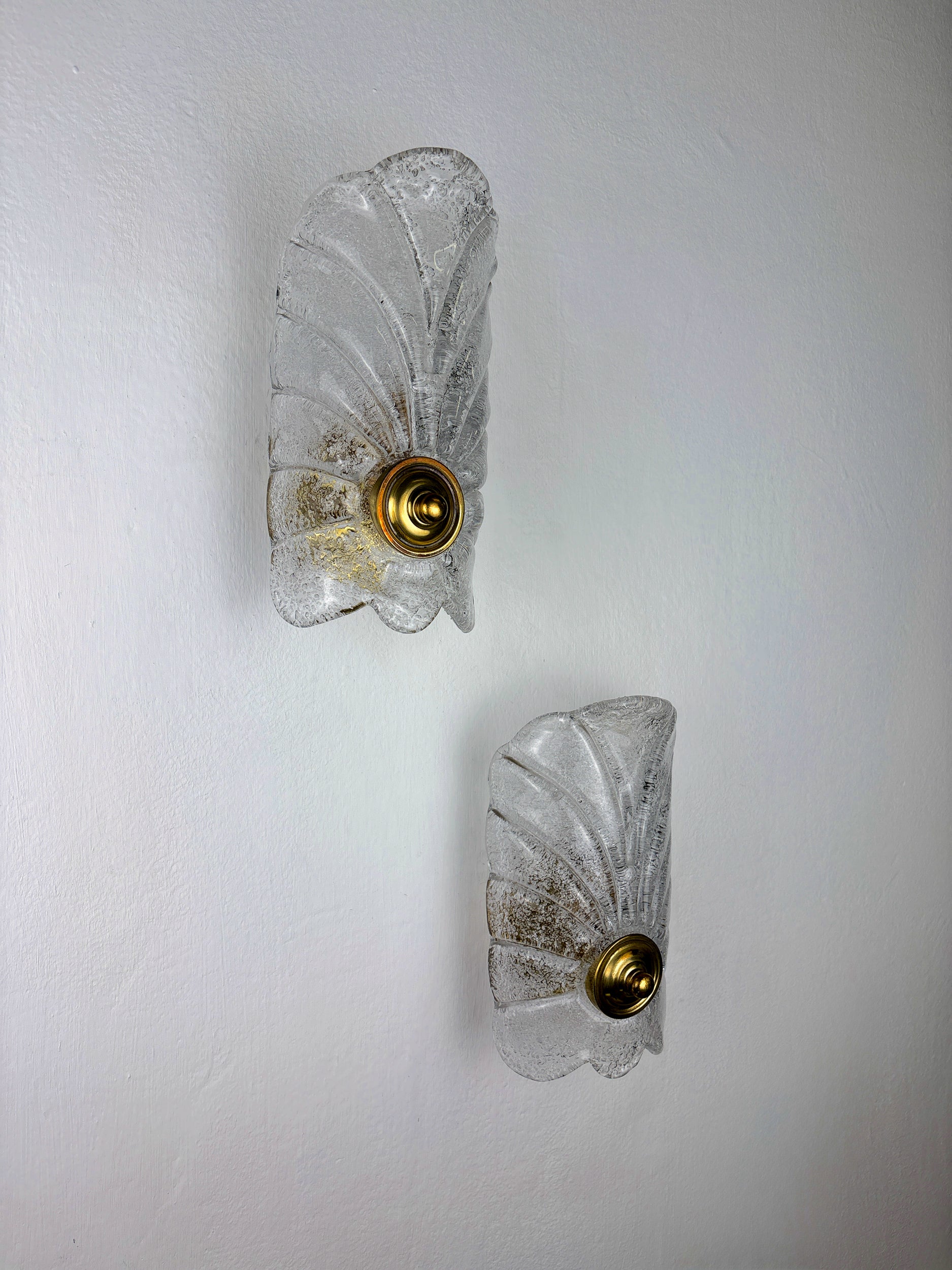 Pair of Murano Frosted Leaf Sconces, Textured Glass & Gilt Details, Italy 1970's