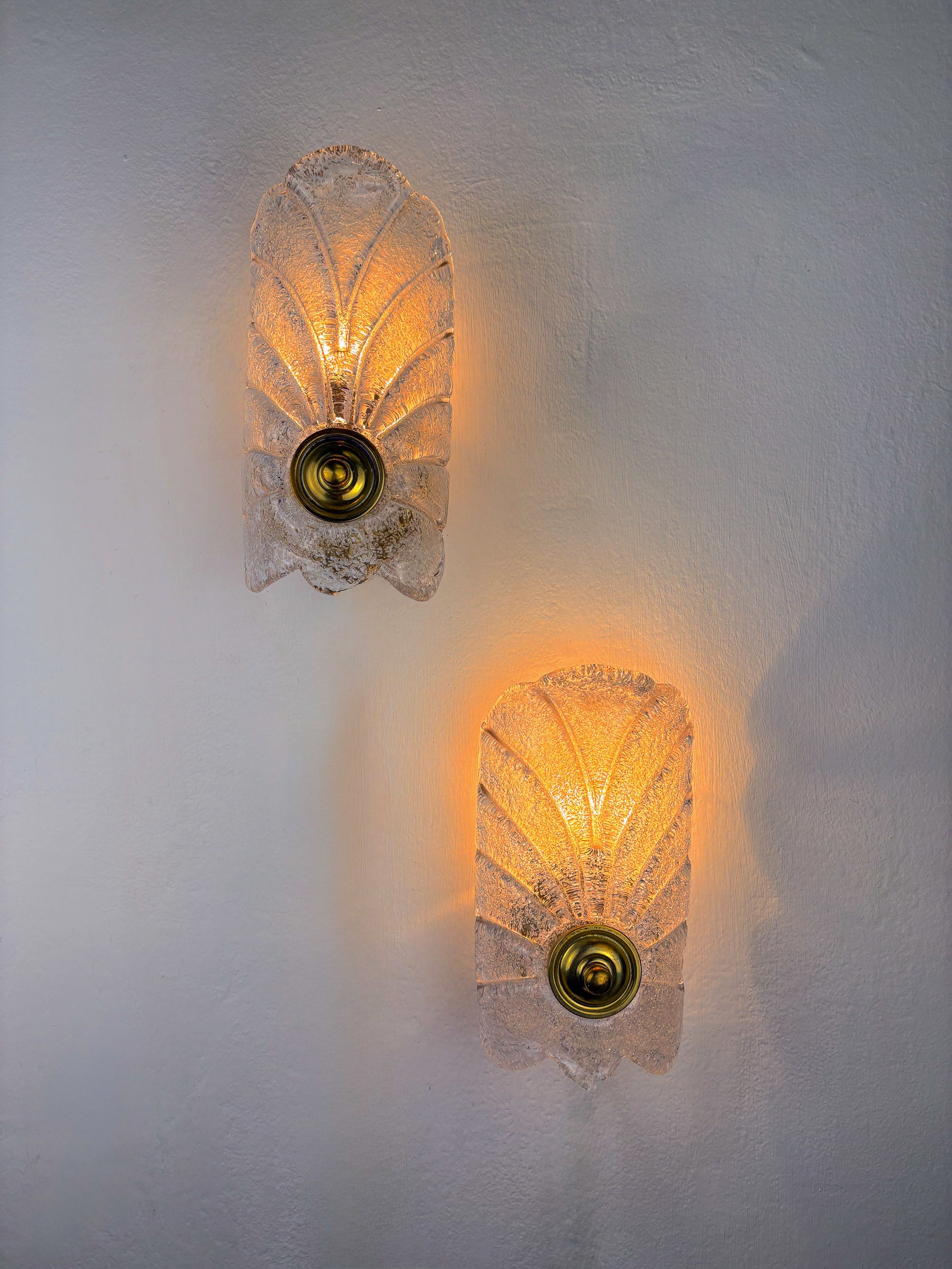 Pair of Murano Frosted Leaf Sconces, Textured Glass & Gilt Details, Italy 1970's