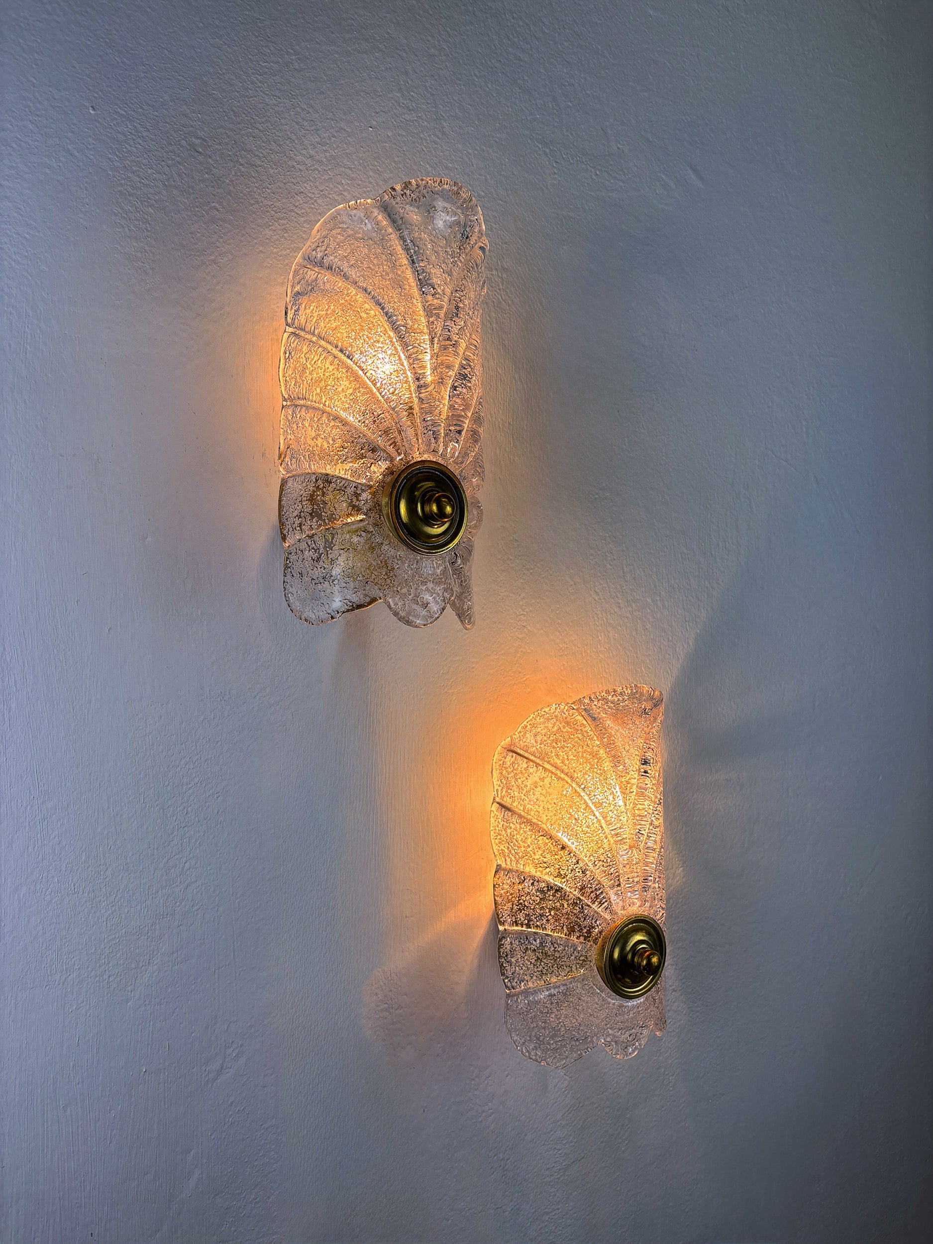 Pair of Murano Frosted Leaf Sconces, Textured Glass & Gilt Details, Italy 1970's