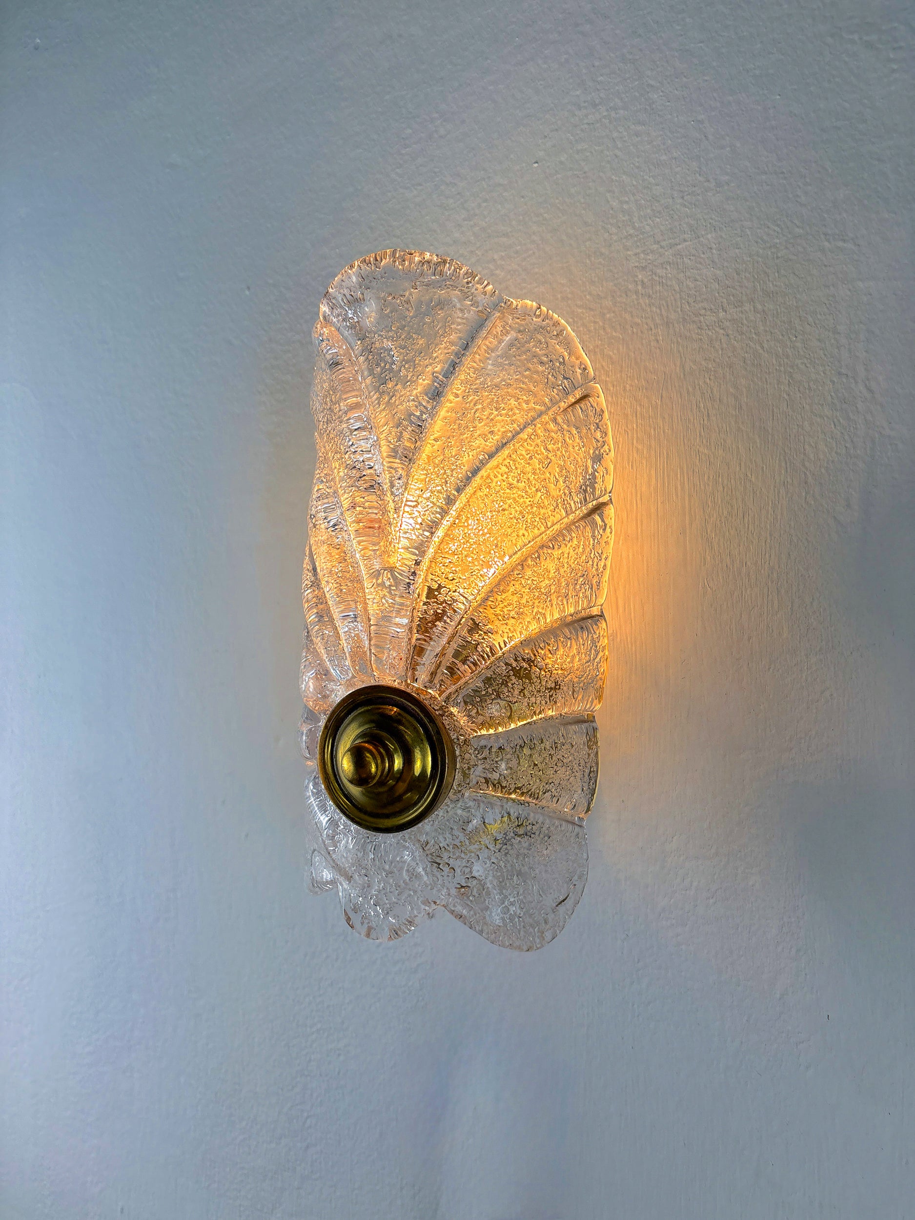 Pair of Murano Frosted Leaf Sconces, Textured Glass & Gilt Details, Italy 1970's