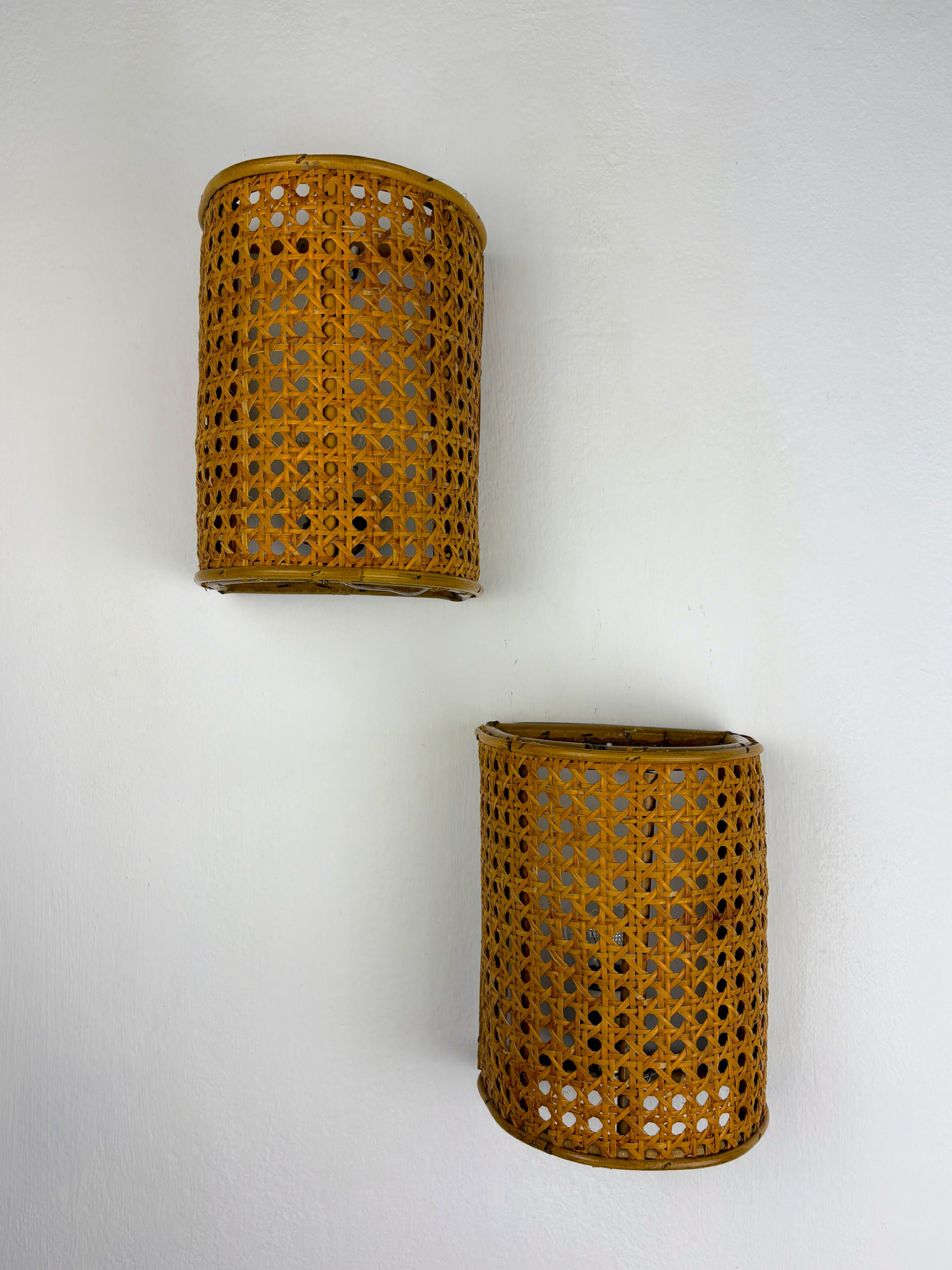 Pair of Midcentury Woven Wicker & Rattan Wall Sconces – Italy 1960s