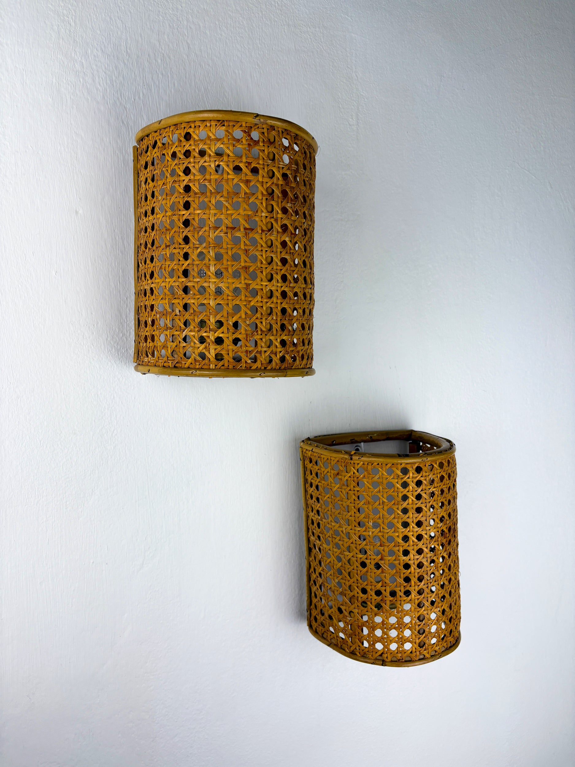 Pair of Midcentury Woven Wicker & Rattan Wall Sconces – Italy 1960s