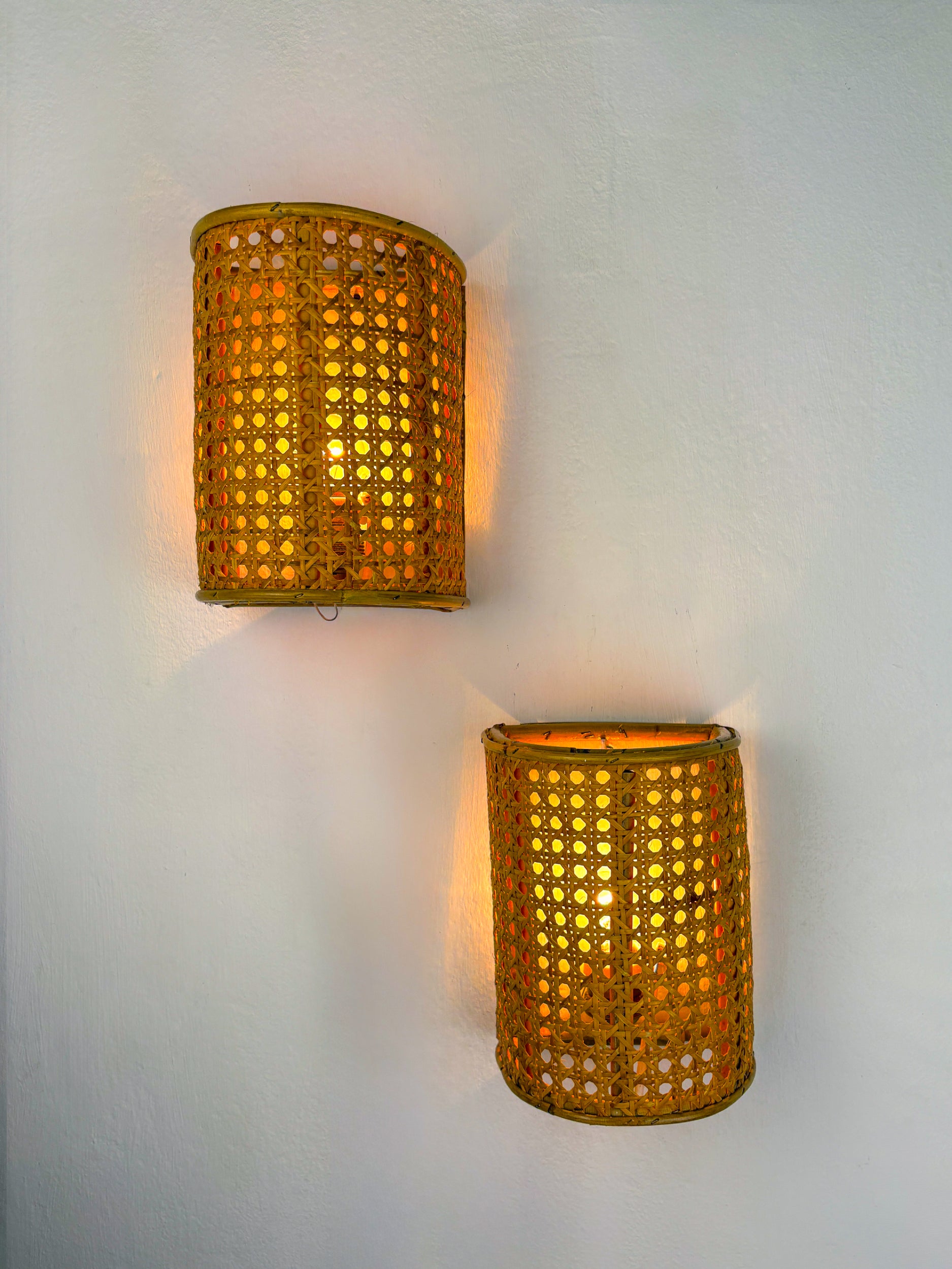 Pair of Midcentury Woven Wicker & Rattan Wall Sconces – Italy 1960s