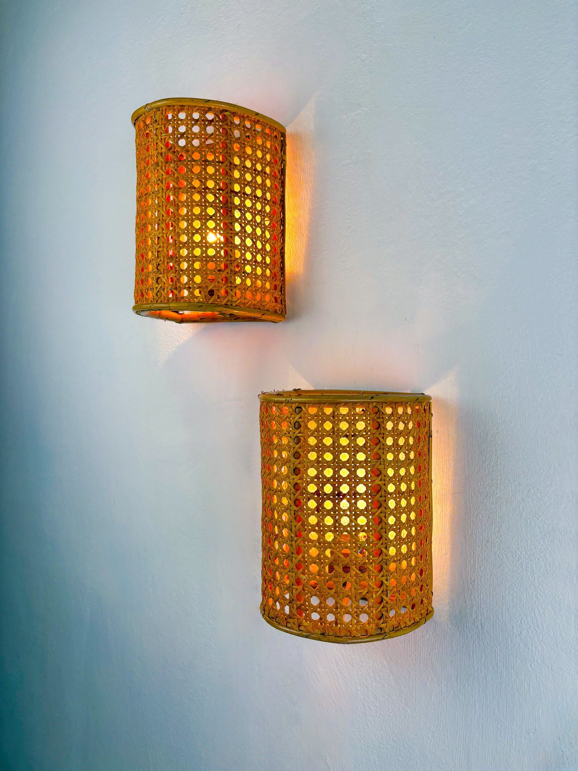 Pair of Midcentury Woven Wicker & Rattan Wall Sconces – Italy 1960s