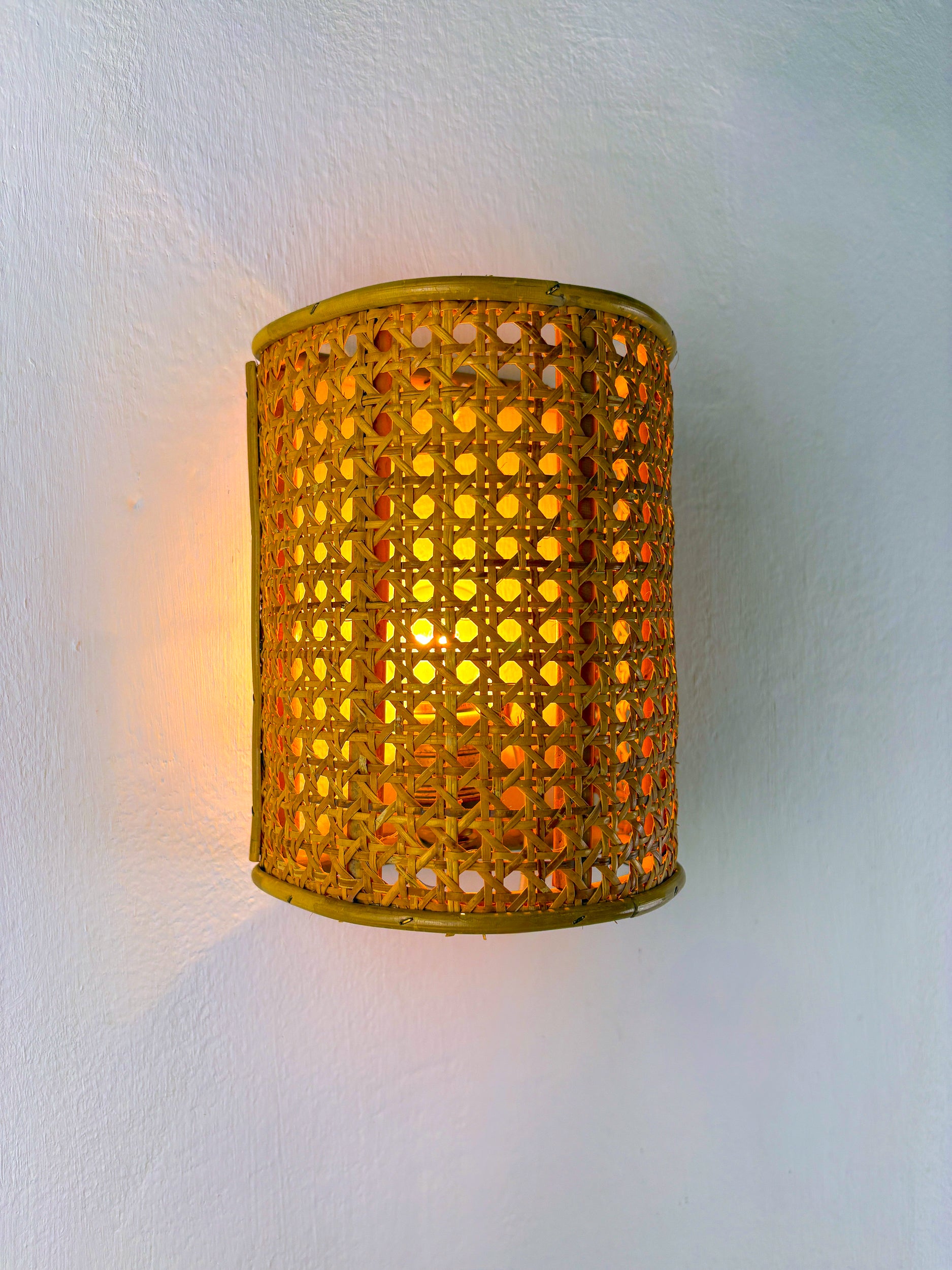 Pair of Midcentury Woven Wicker & Rattan Wall Sconces – Italy 1960s