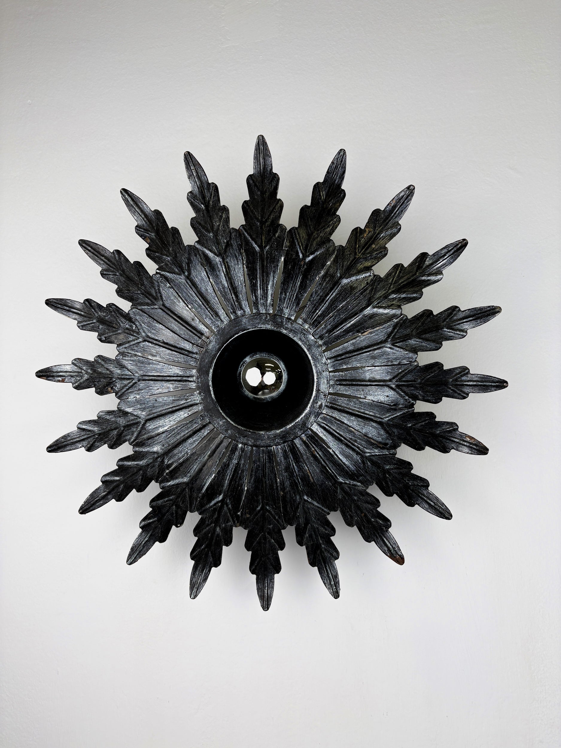 Spanish Sunburst Ceiling Light – Dark Gilt Metal Rays, 1950s