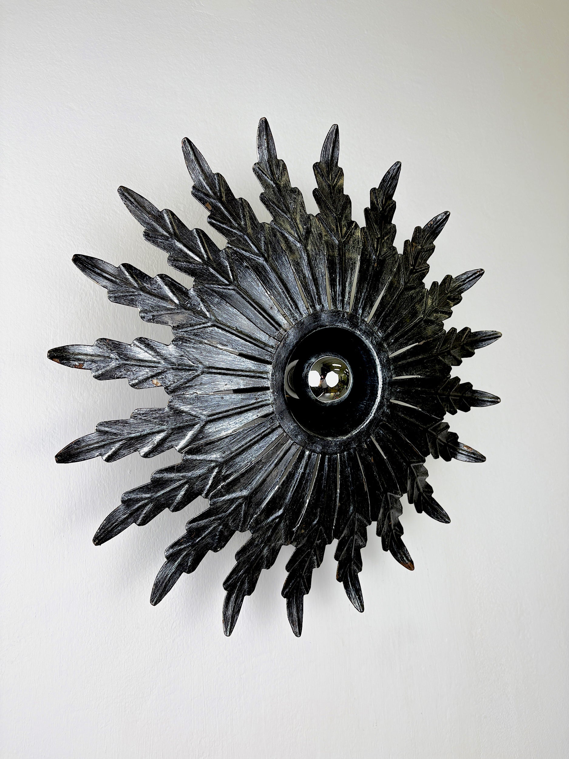 Spanish Sunburst Ceiling Light – Dark Gilt Metal Rays, 1950s