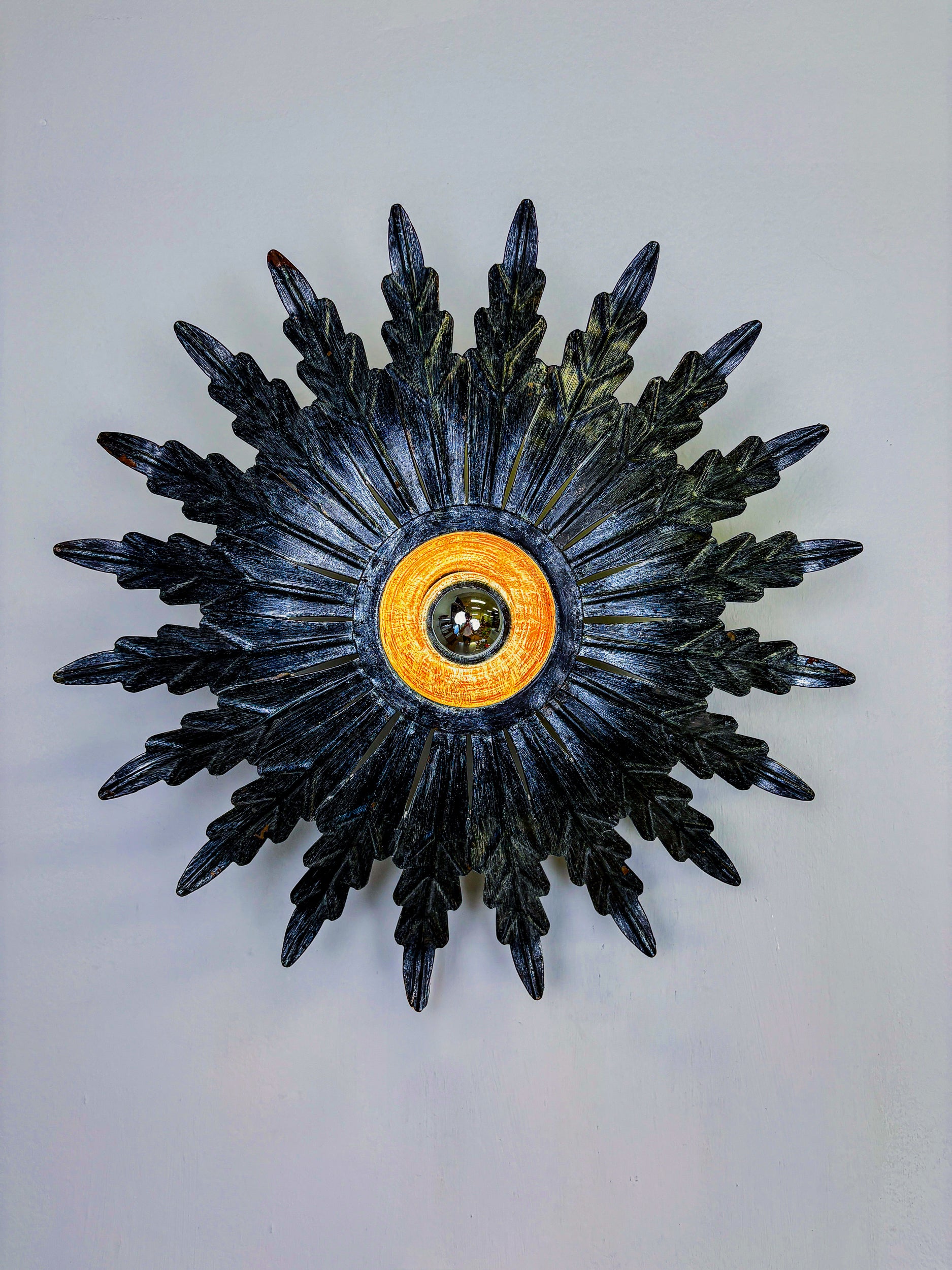 Spanish Sunburst Ceiling Light – Dark Gilt Metal Rays, 1950s