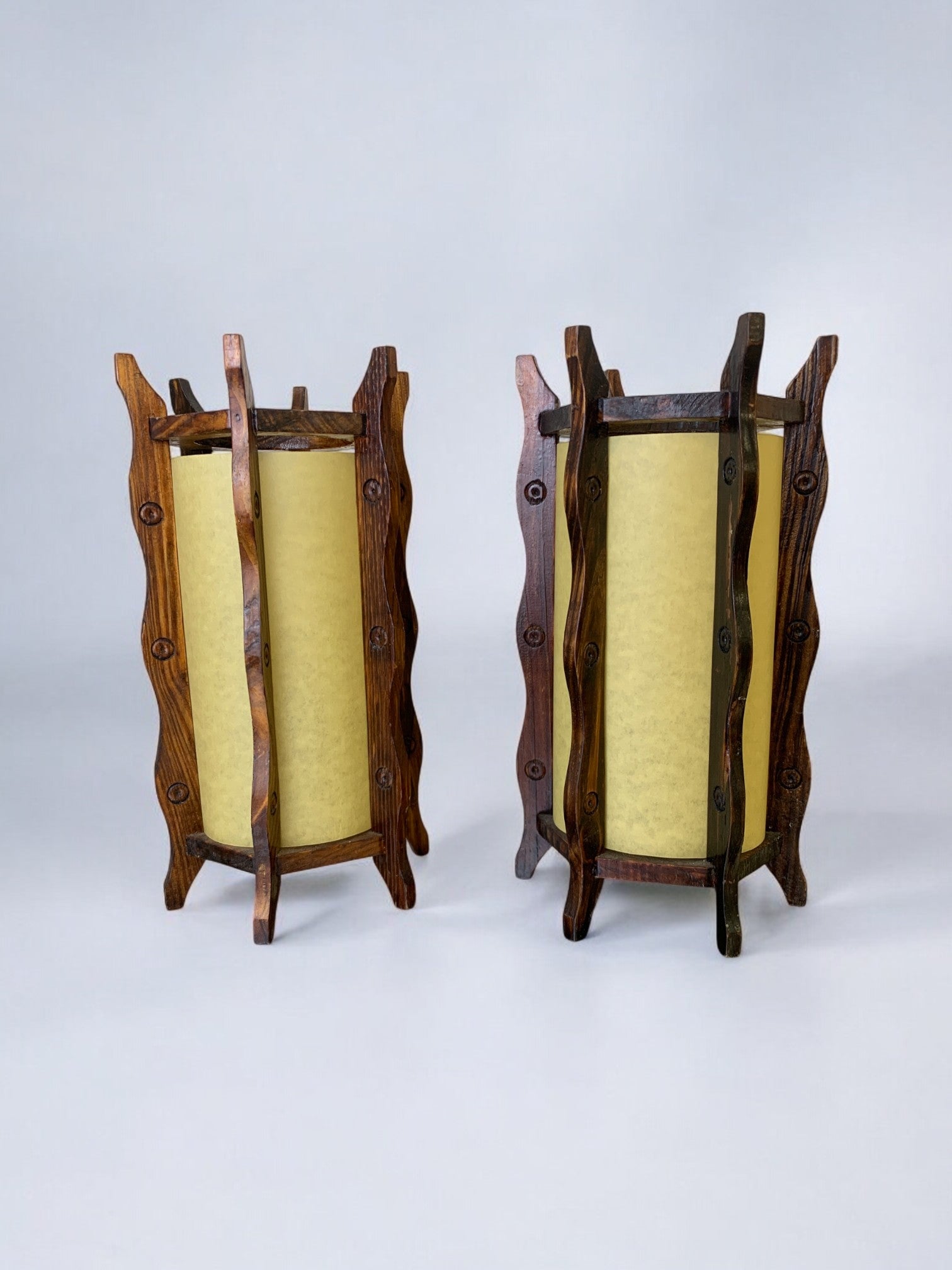 Pair of brutalist table lamps, wood & parchment, France, 1970's