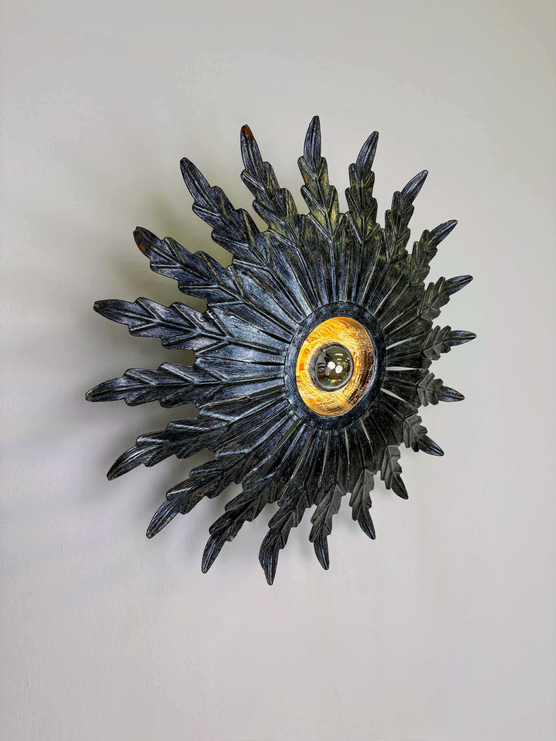 Spanish Sunburst Ceiling Light – Dark Gilt Metal Rays, 1950s