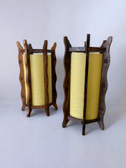 Pair of brutalist table lamps, wood & parchment, France, 1970's