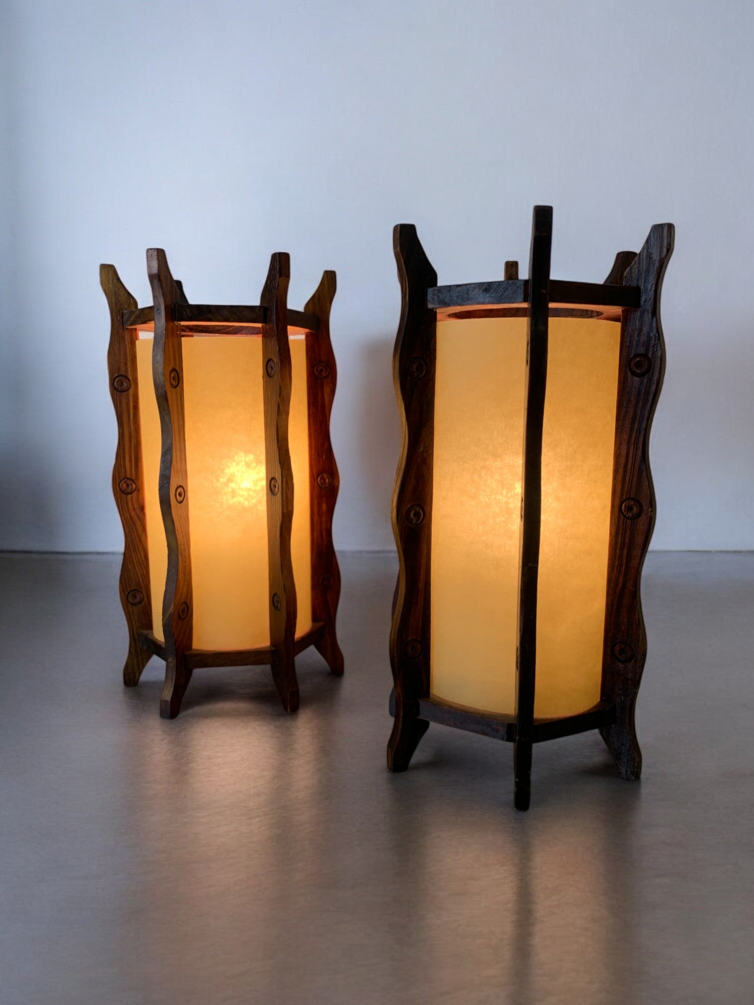 Pair of brutalist table lamps, wood & parchment, France, 1970's