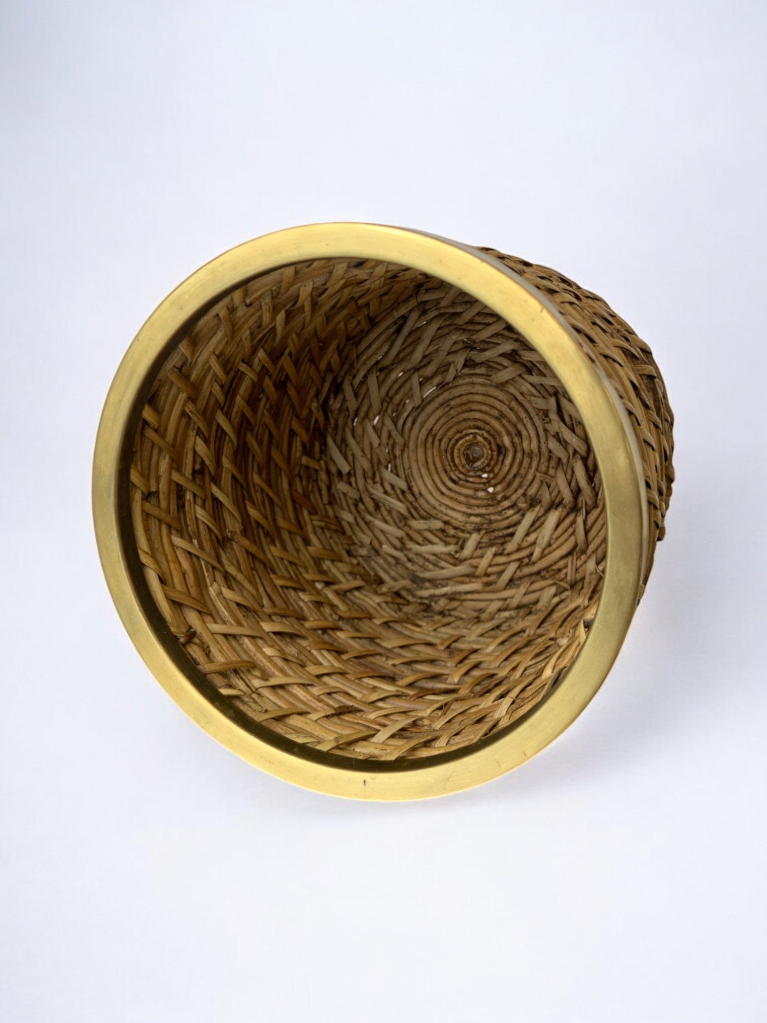 Rattan and brass basket, Italy, 1970's, 16 cm diam