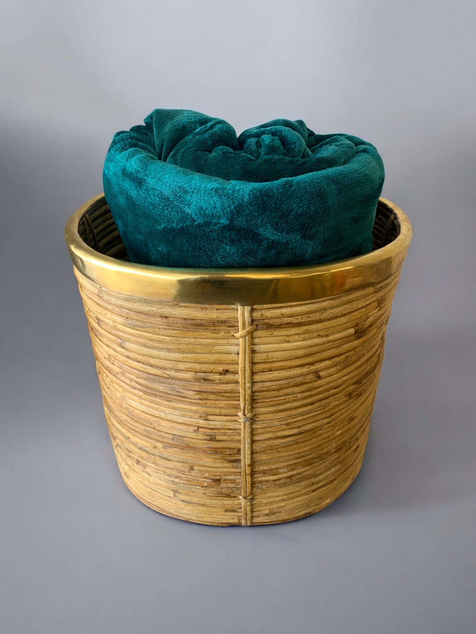 Large Rattan and brass basket, Italy, Circa 1970's