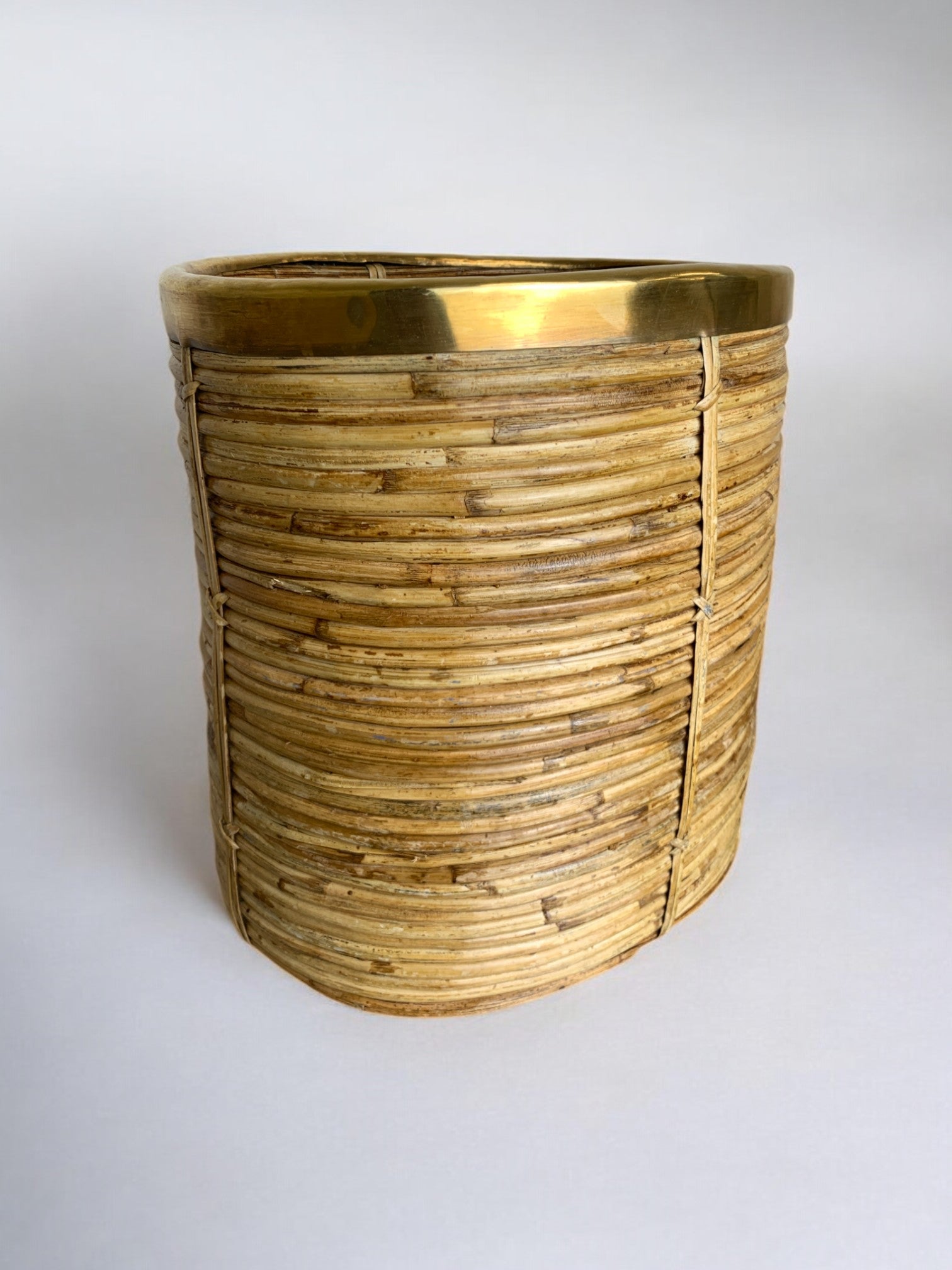 Large Rattan and brass basket, Italy, Circa 1970's