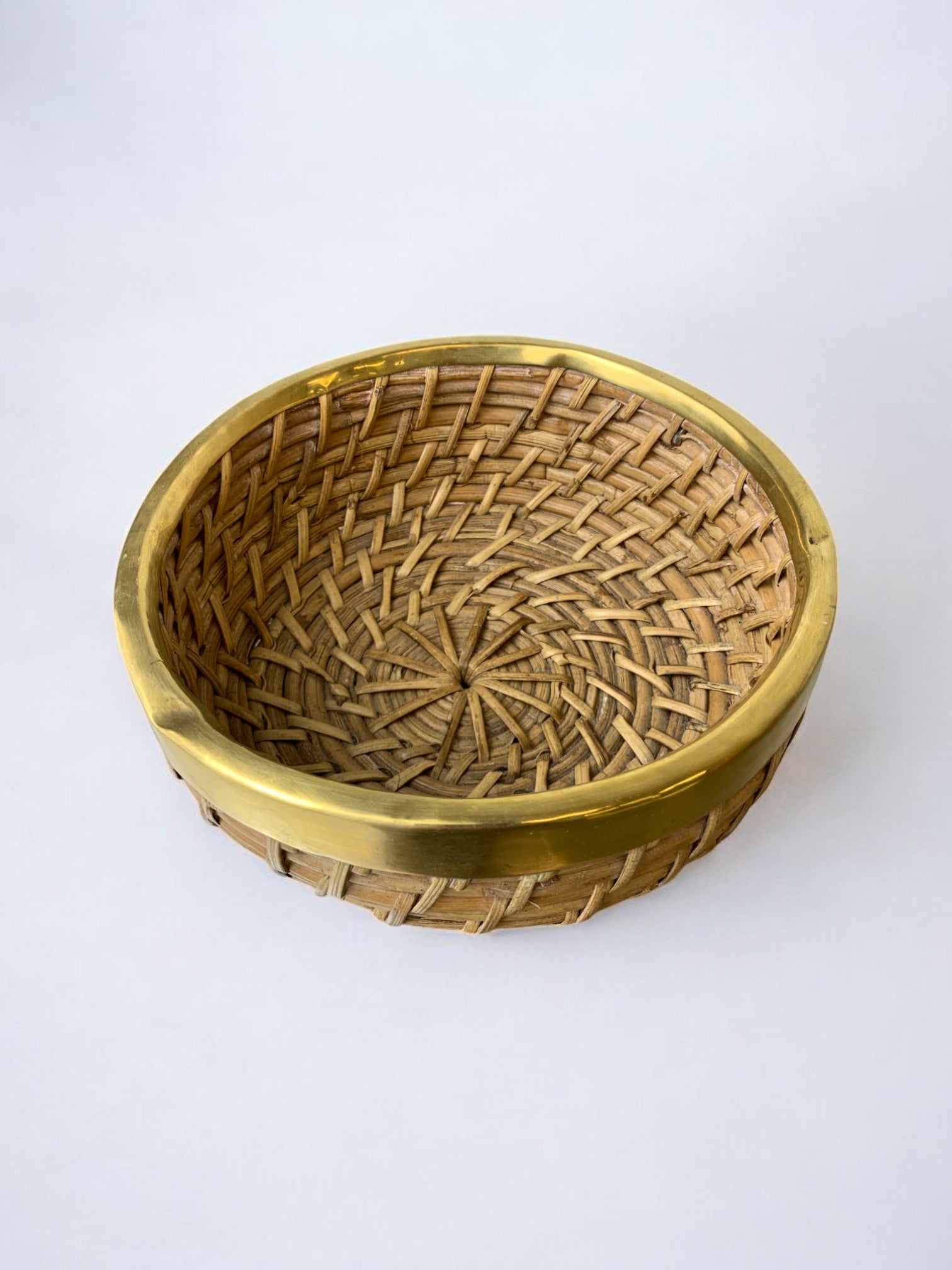 Circular Rattan and brass basket, Italy, Circa 1970