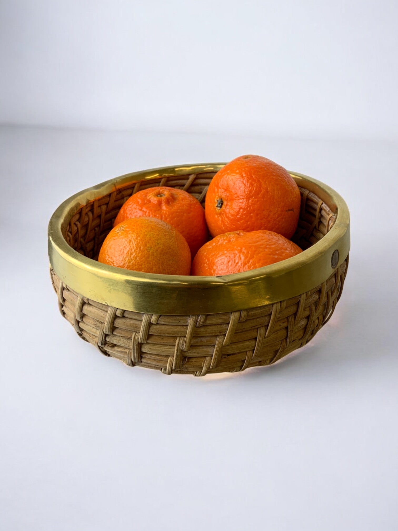 Circular Rattan and brass basket, Italy, Circa 1970