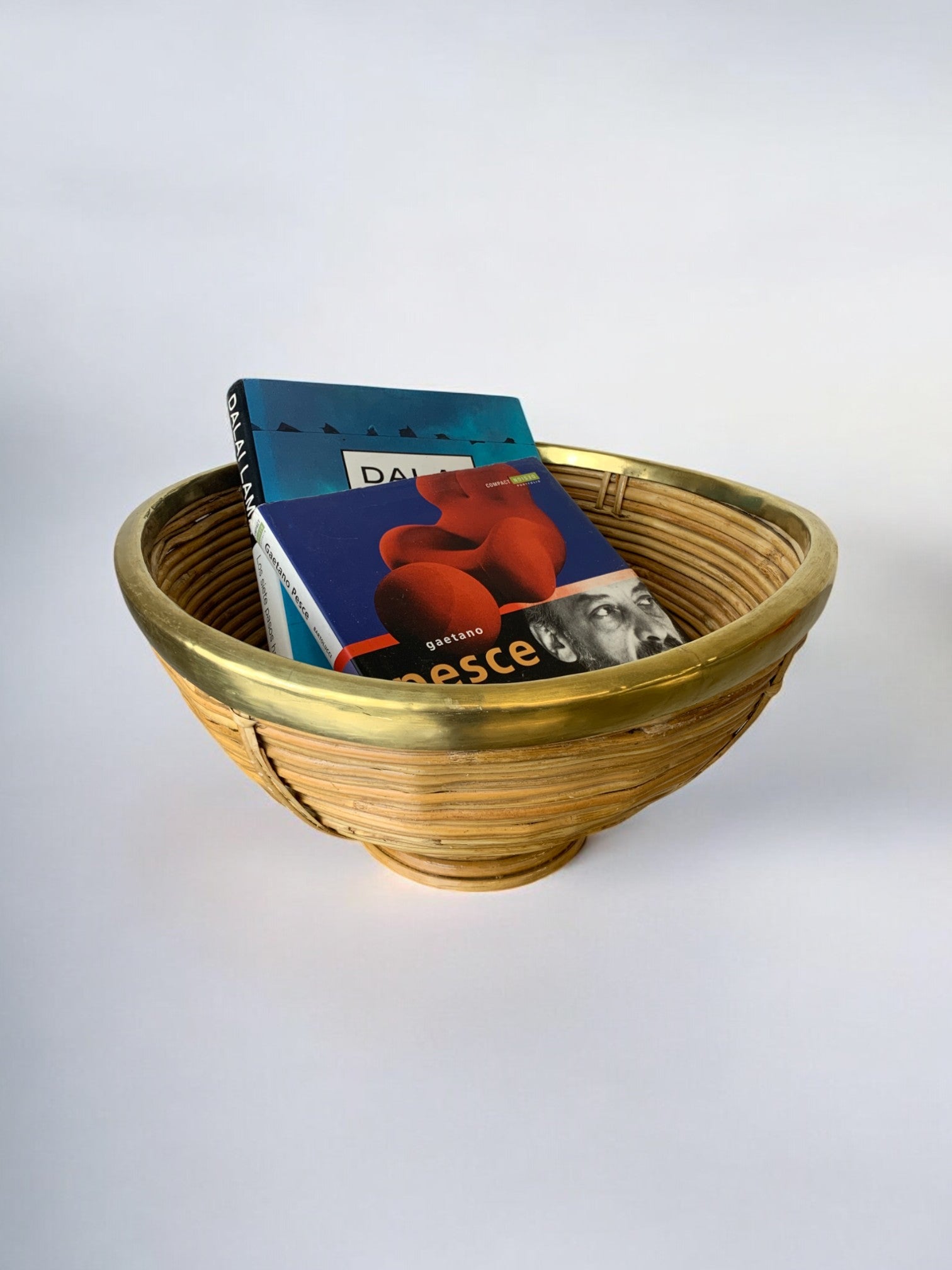 Circular Rattan and brass basket, Italy, 1970's, 30° Diam