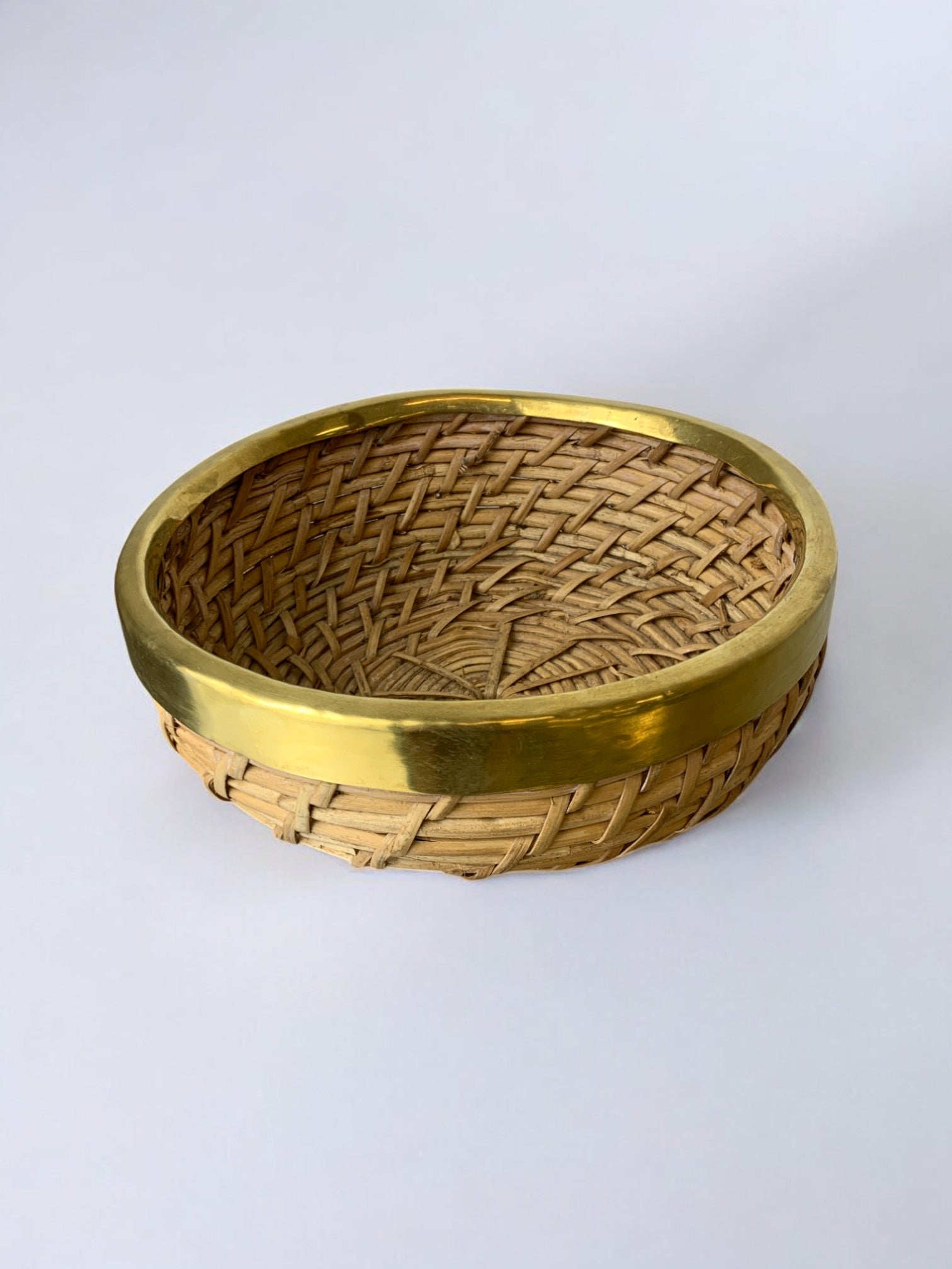 Circular Rattan and brass basket, Italy, 1970's, 18° Diam