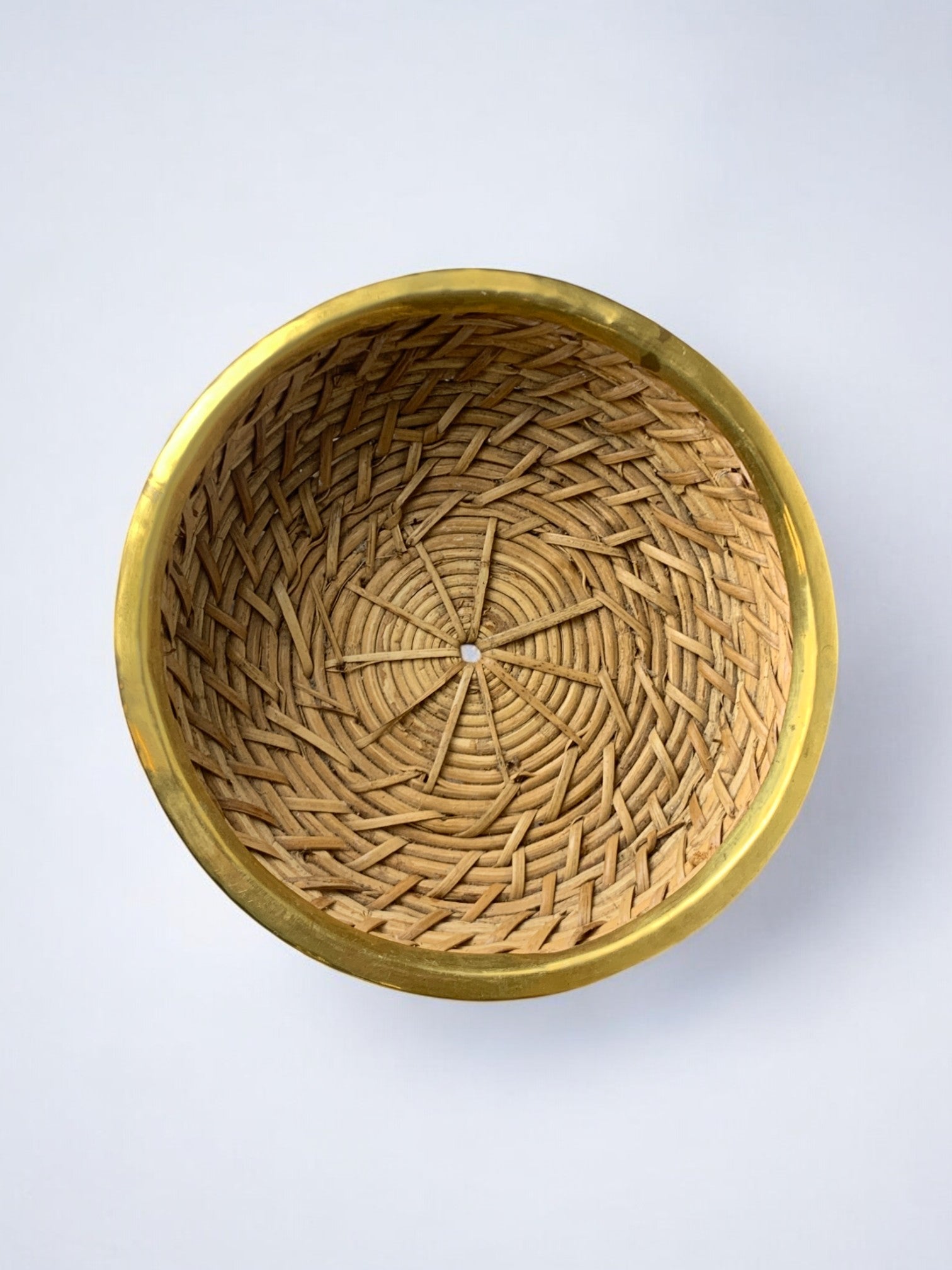 Circular Rattan and brass basket, Italy, 1970's, 18° Diam