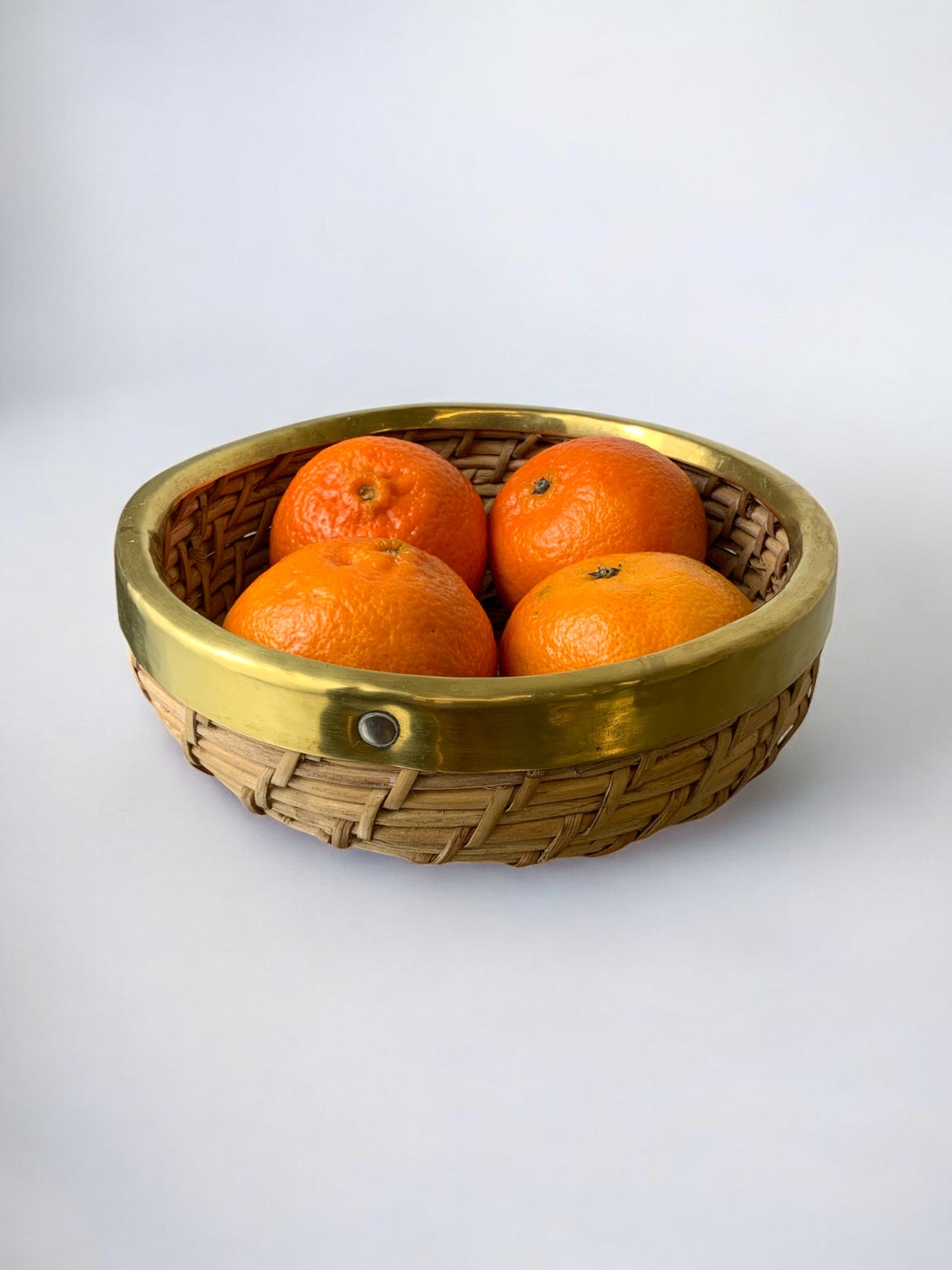 Circular Rattan and brass basket, Italy, 1970's, 18° Diam