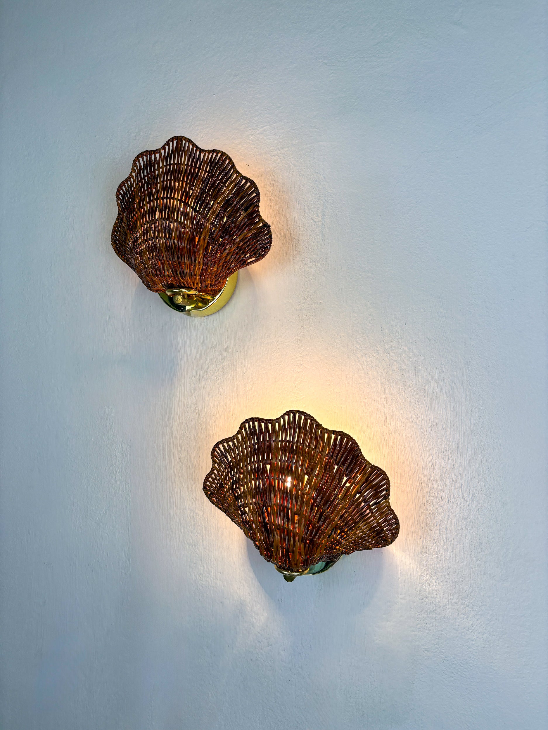 Pair of Scalloped Rattan Wall Sconces, 1980s, Sourced in Spain