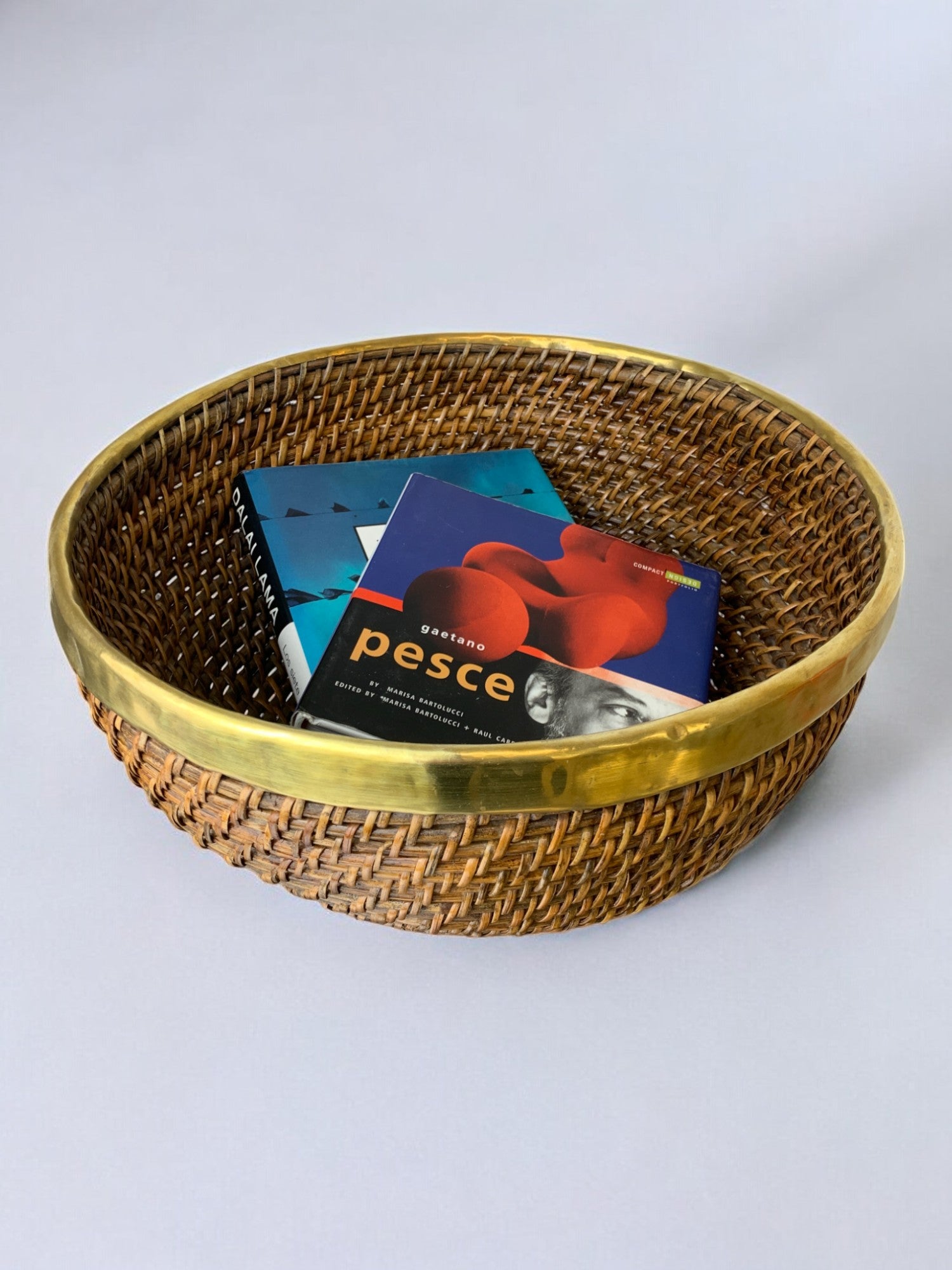 Rattan and brass basket, Italy, 1970's, 32° Diam