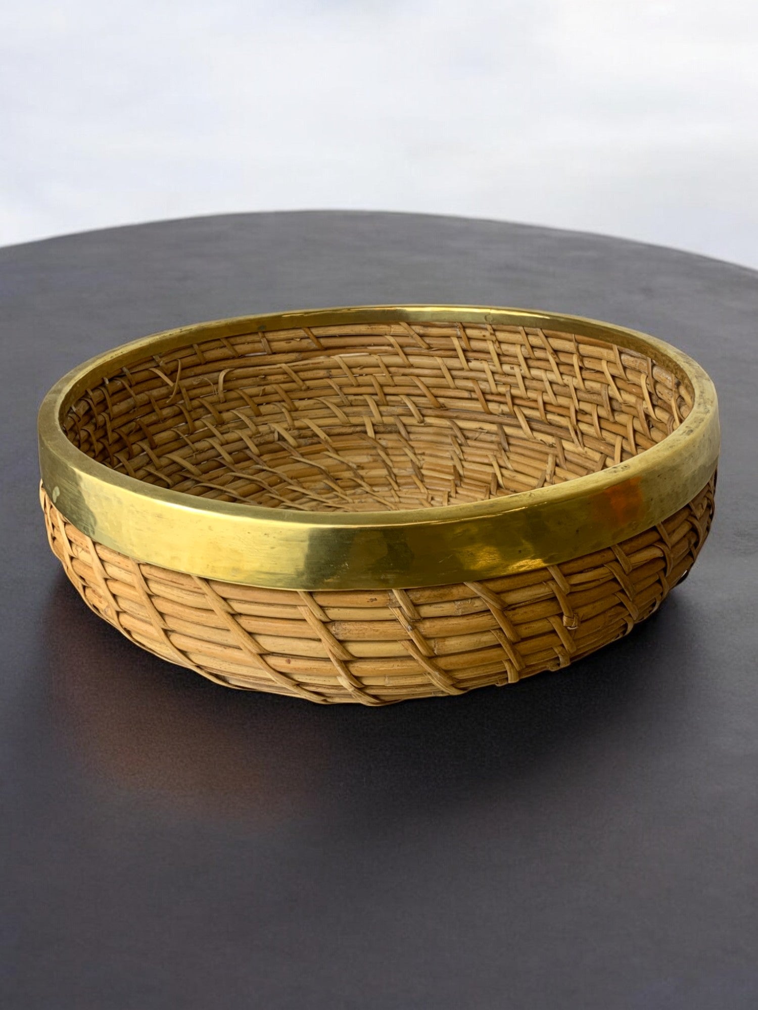 Circular Rattan and brass basket, Italy, 1970's, 34° Diam