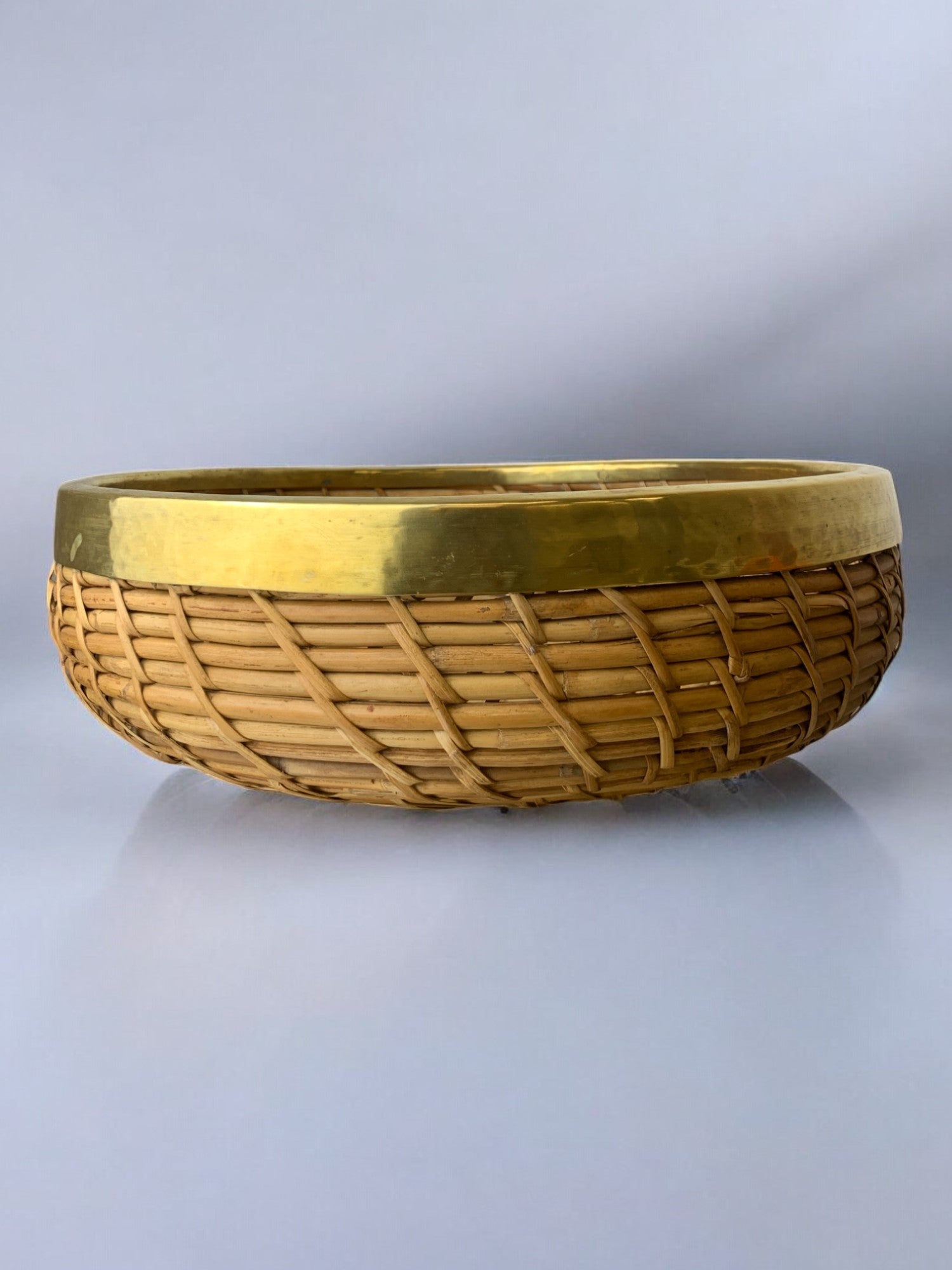 Circular Rattan and brass basket, Italy, 1970's, 34° Diam
