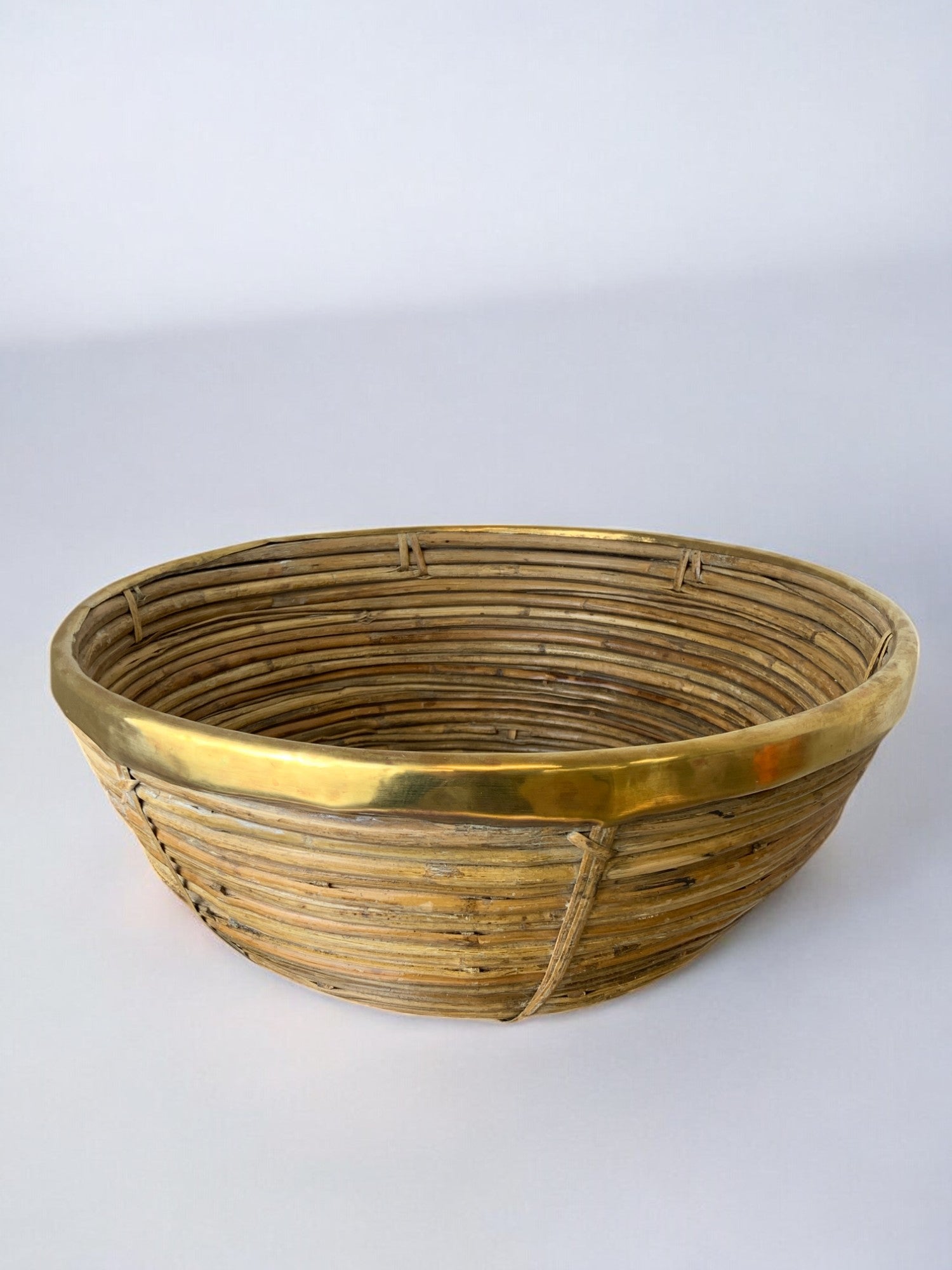 Circular Rattan and brass basket, Italy, 1970's, 39° Diam