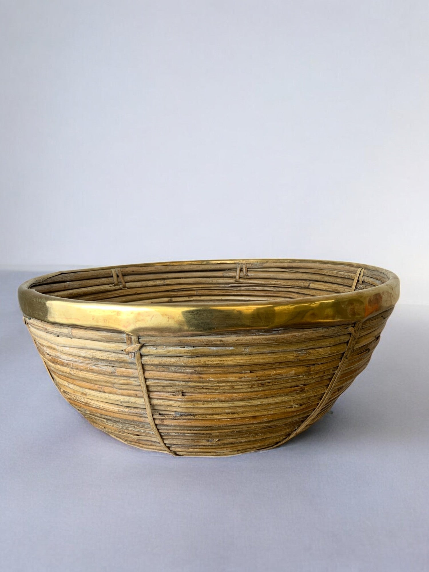 Circular Rattan and brass basket, Italy, 1970's, 39° Diam