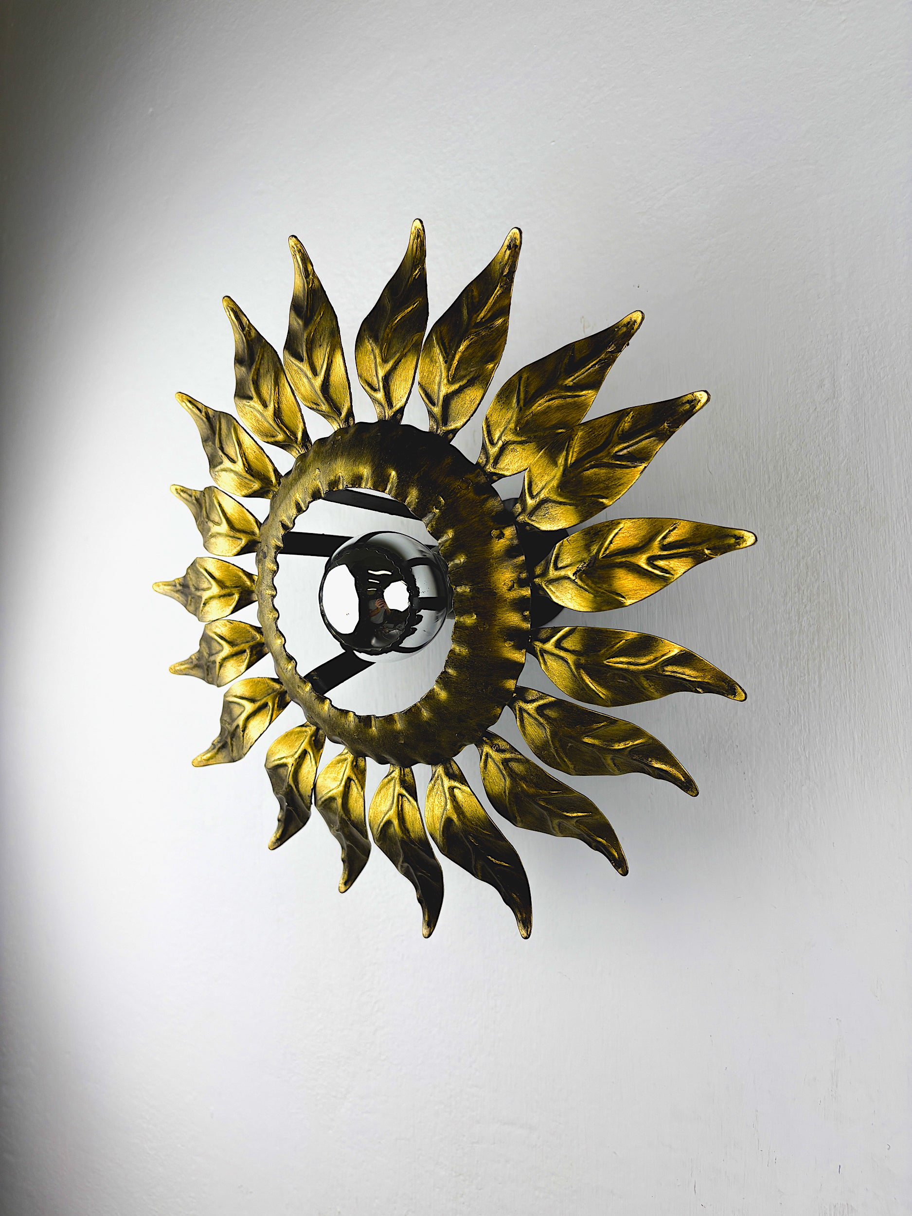 Sunburst ceiling light fixture or sconce in Gilt Wrought Iron, Spain, Circa 1960's