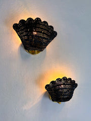 Pair of balck Shell-Shaped Wicker Wall Lights, Rattan & Brass, Italy, 1980's