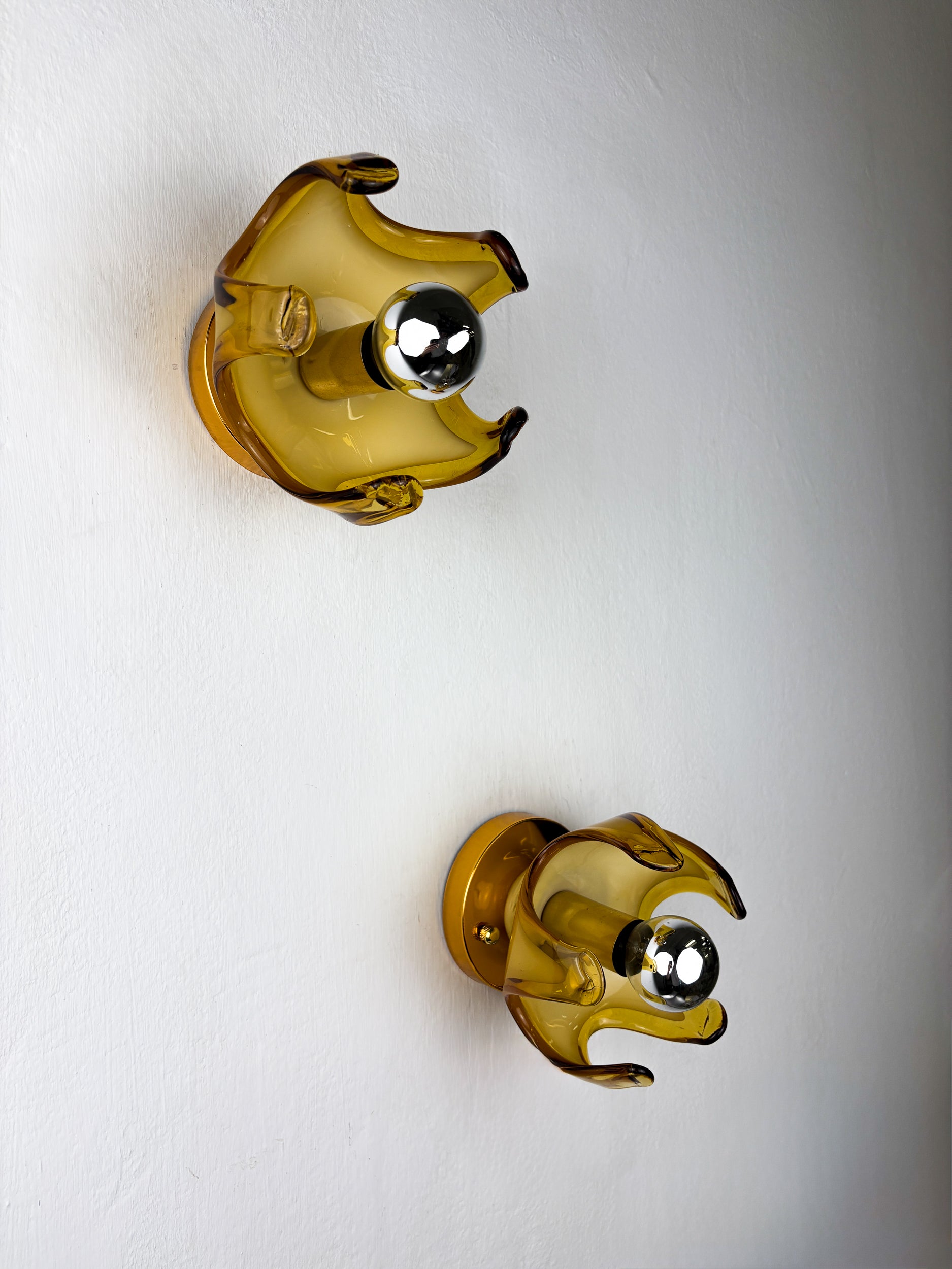 Pair of Carlo Nason sconces for Mazzega Murano, Orange murano blown glass Italy 1970