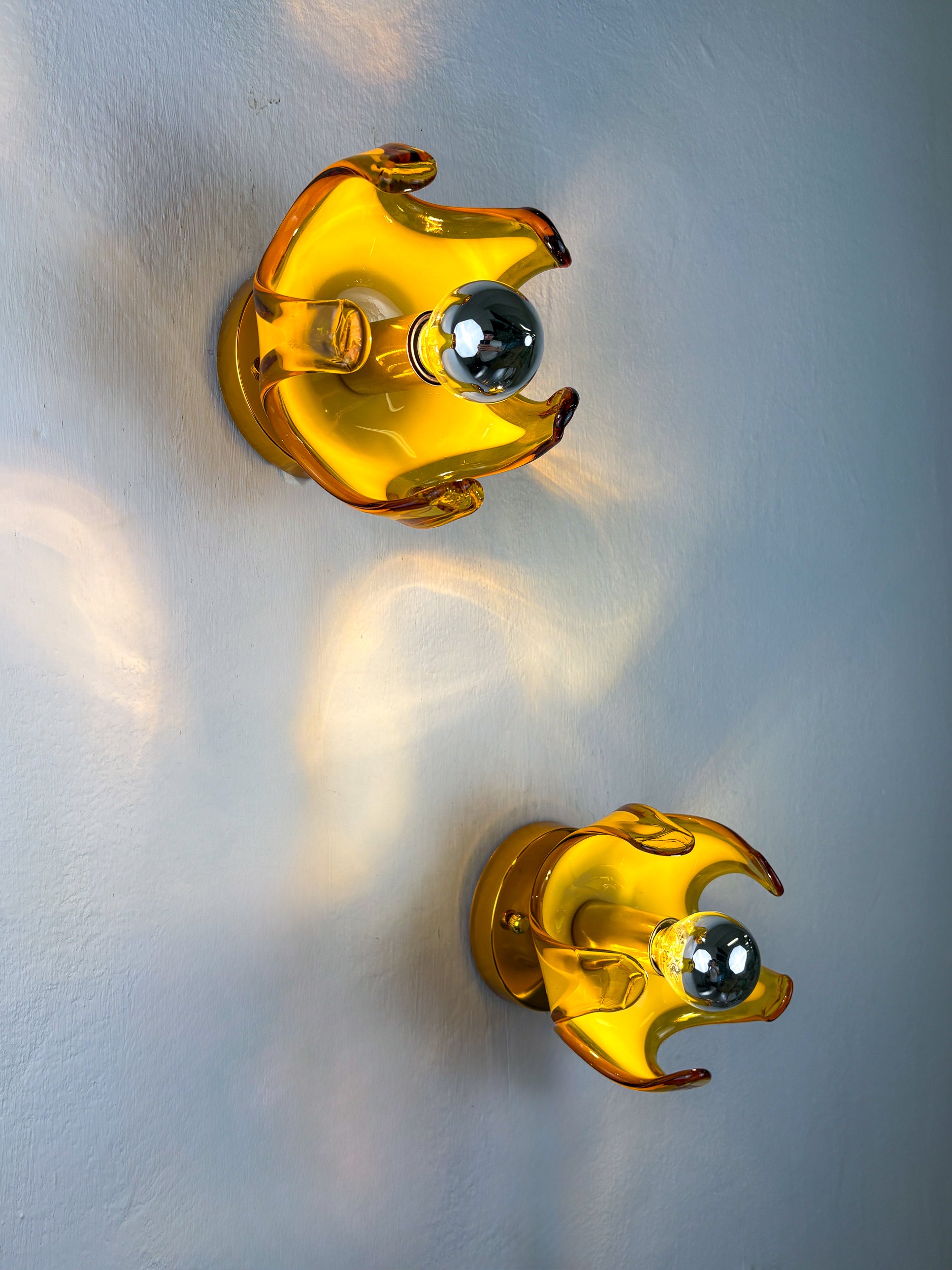 Pair of Carlo Nason sconces for Mazzega Murano, Orange murano blown glass Italy 1970