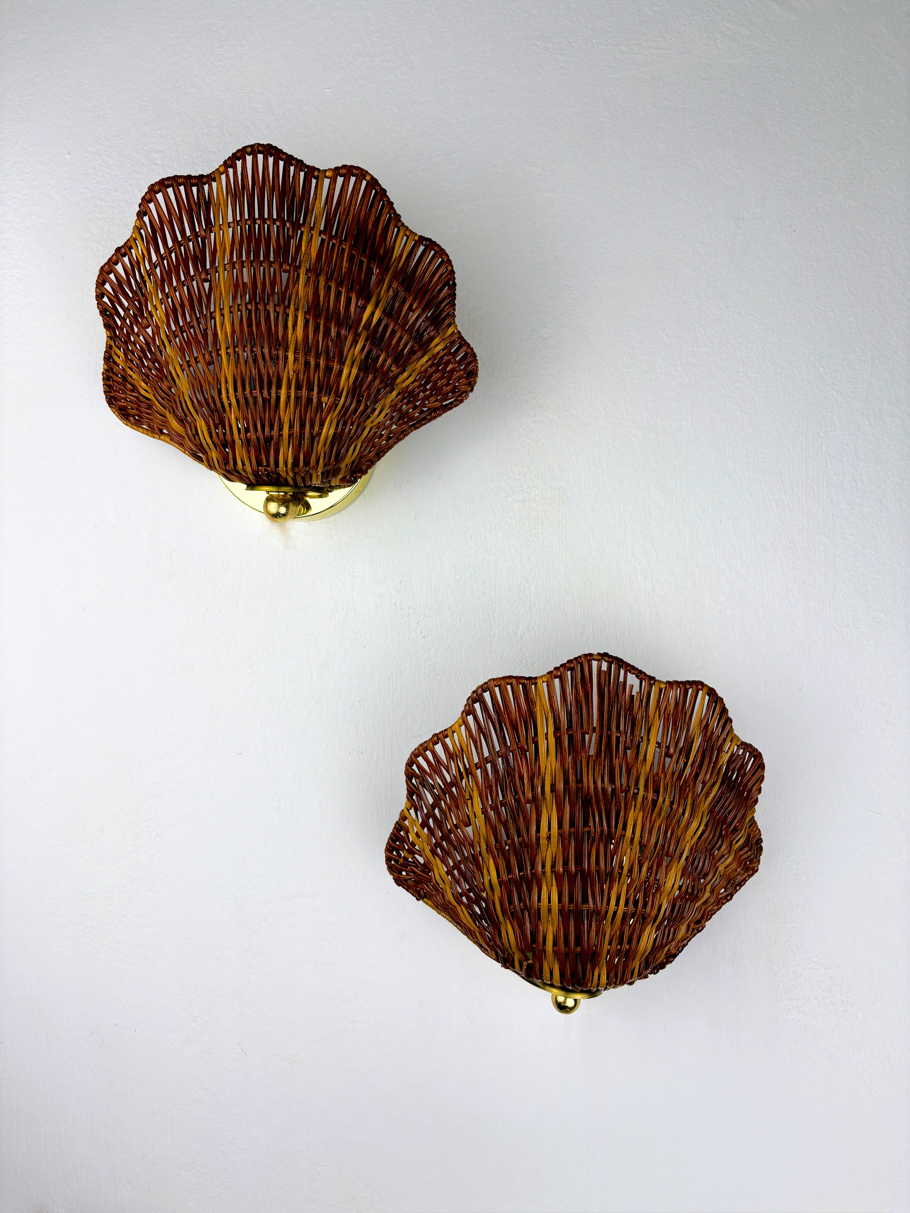 Pair of Shell-Shaped Wicker Wall Sconces – Rattan & Brass, Circa Italy 1970