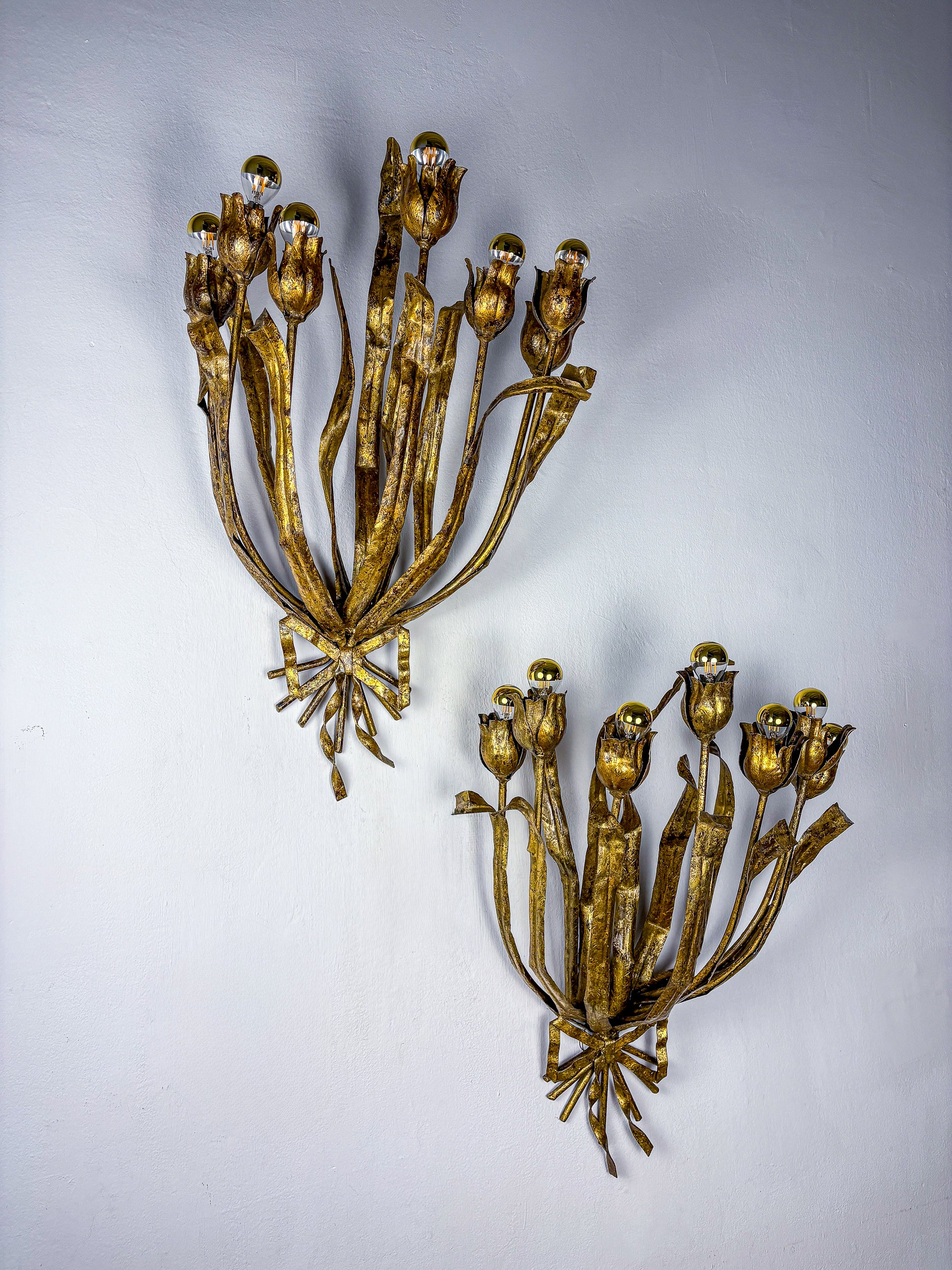 Monumental Pair of Gilt Metal "Tulip Bouquet" Wall Sconces, 7 Lights, Italy 1950s