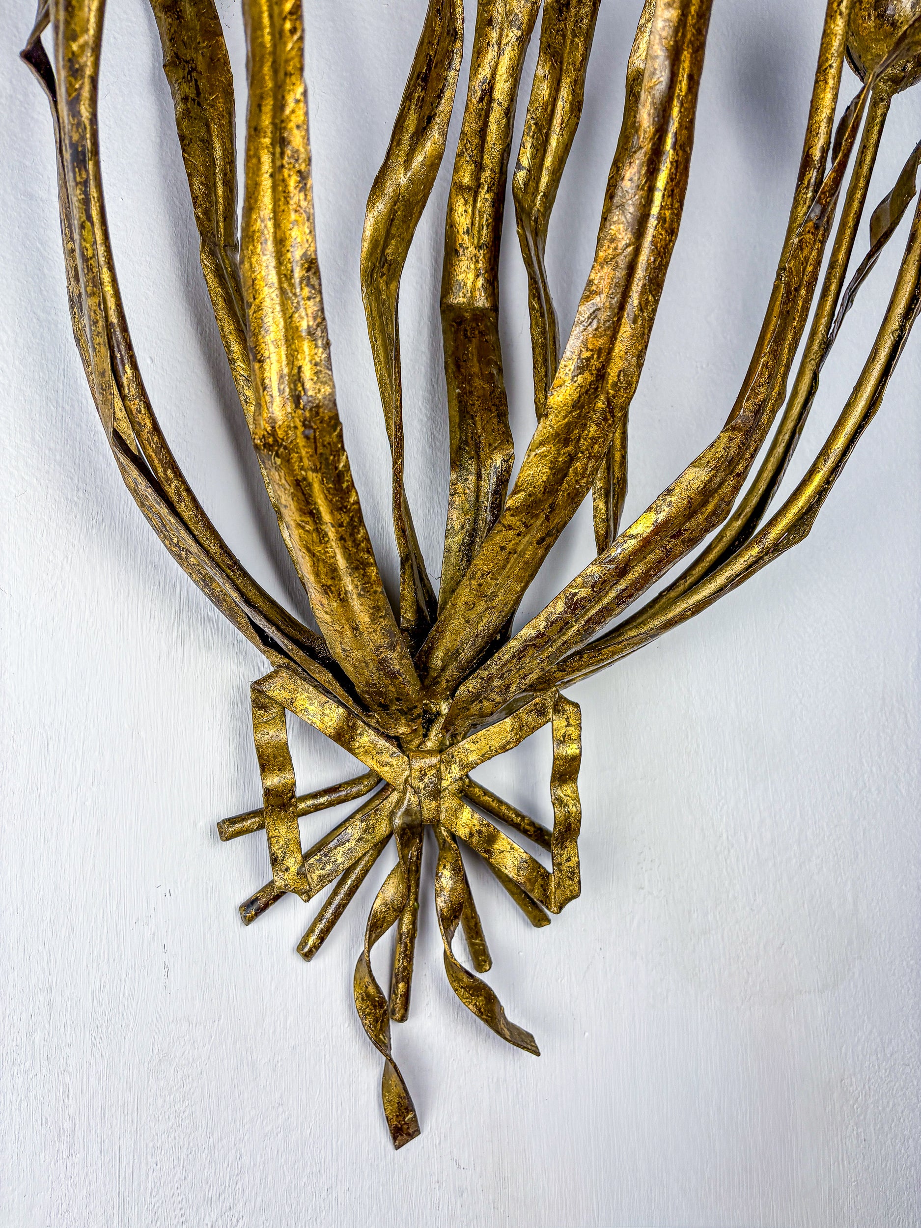 Monumental Pair of Gilt Metal "Tulip Bouquet" Wall Sconces, 7 Lights, Italy 1950s