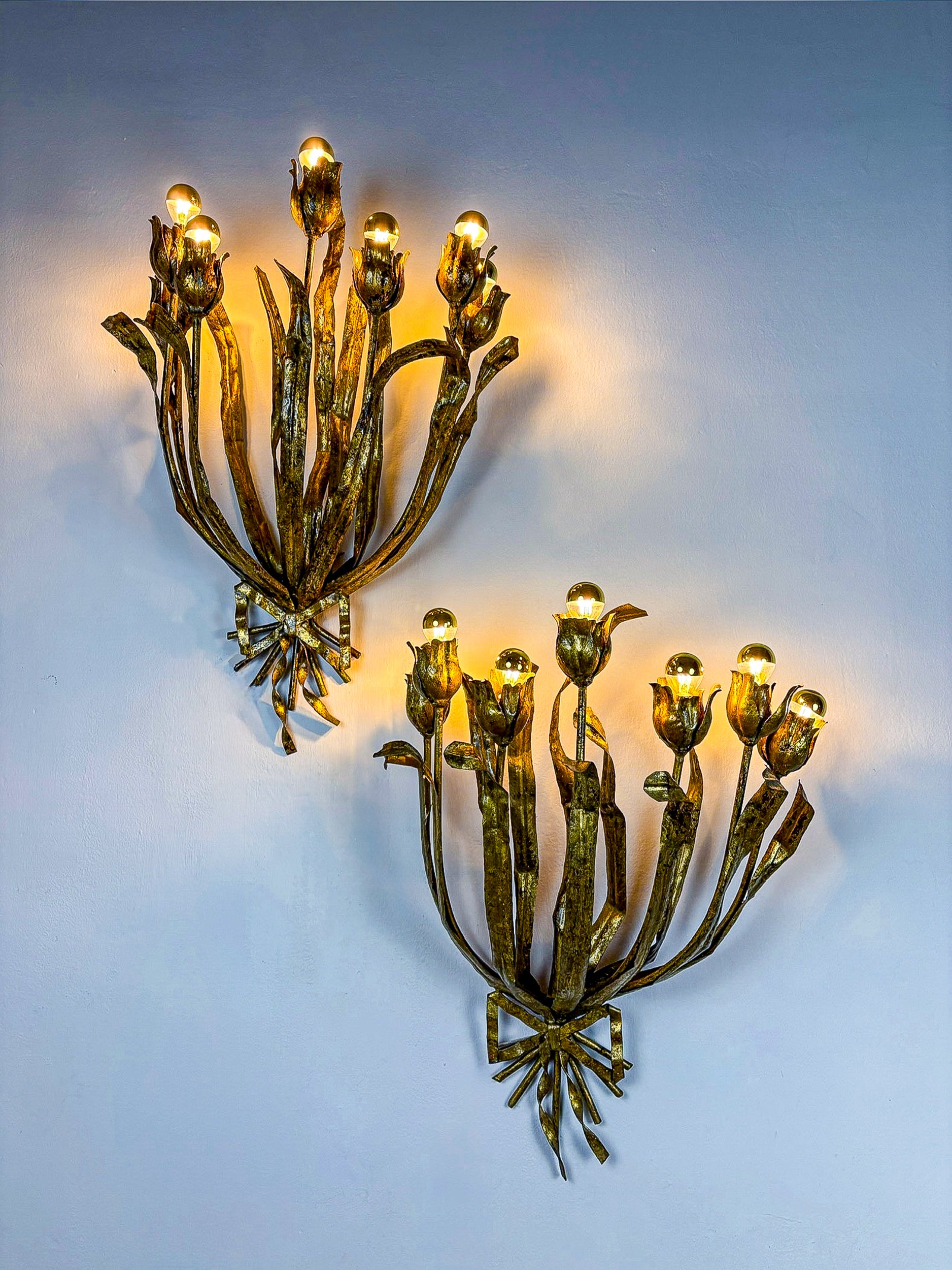 Monumental Pair of Gilt Metal "Tulip Bouquet" Wall Sconces, 7 Lights, Italy 1950s