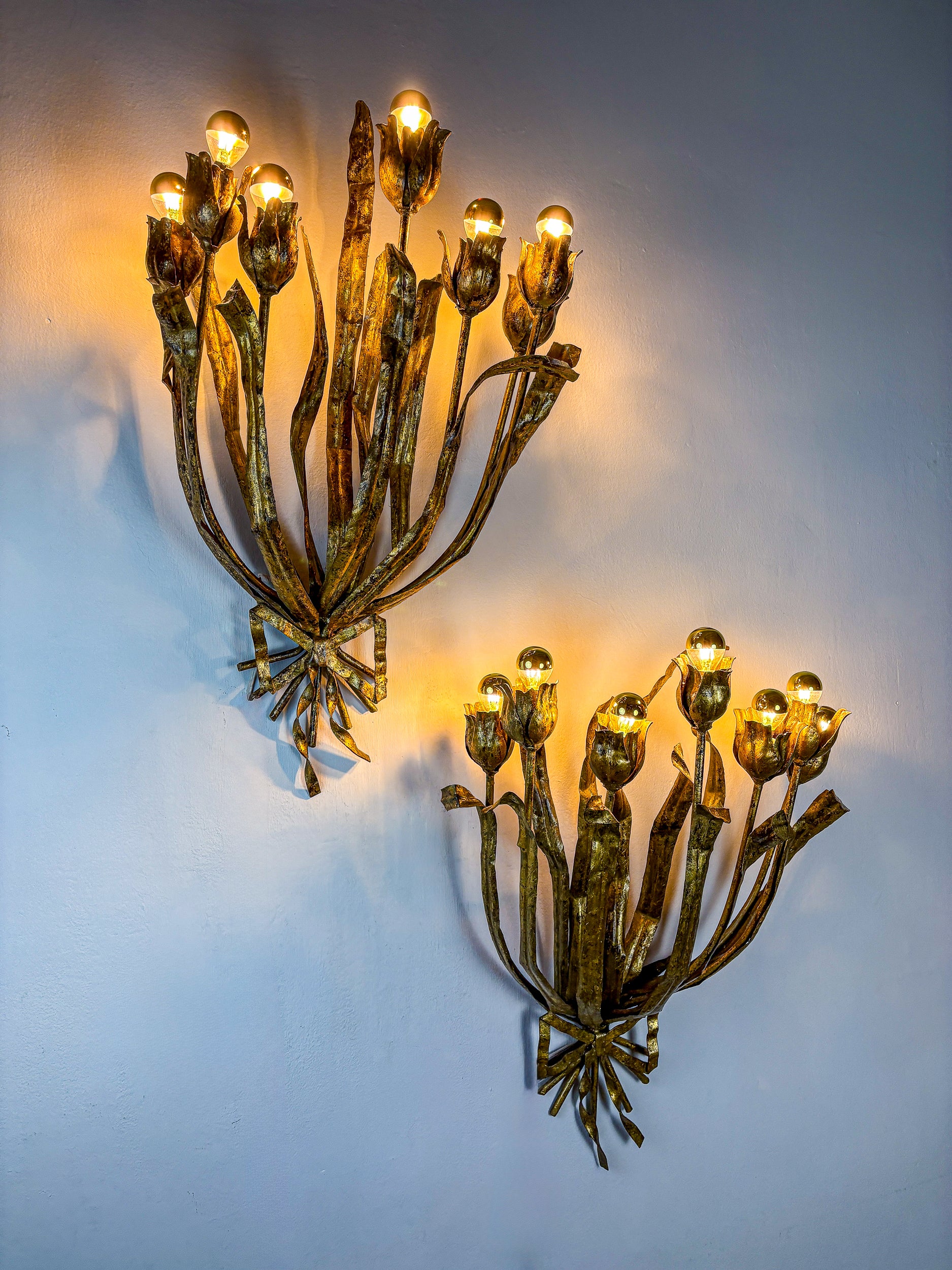 Monumental Pair of Gilt Metal "Tulip Bouquet" Wall Sconces, 7 Lights, Italy 1950s