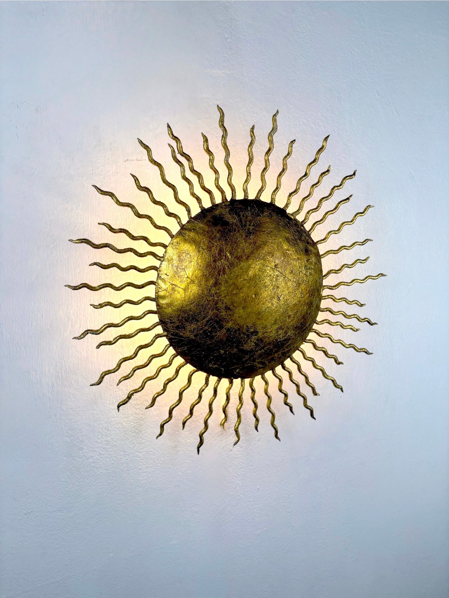 French Gilt Metal Sunburst Light Fixture, Gilbert Poillerat, 1930s France