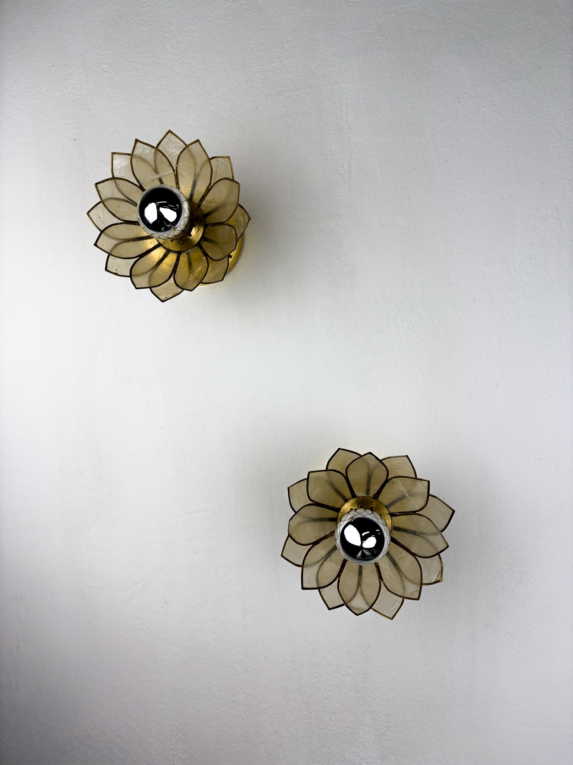 Pair of Lotus Flower Wall Sconces, Mother-of-Pearl Petals & Gilt Brass, Italy, 1970s