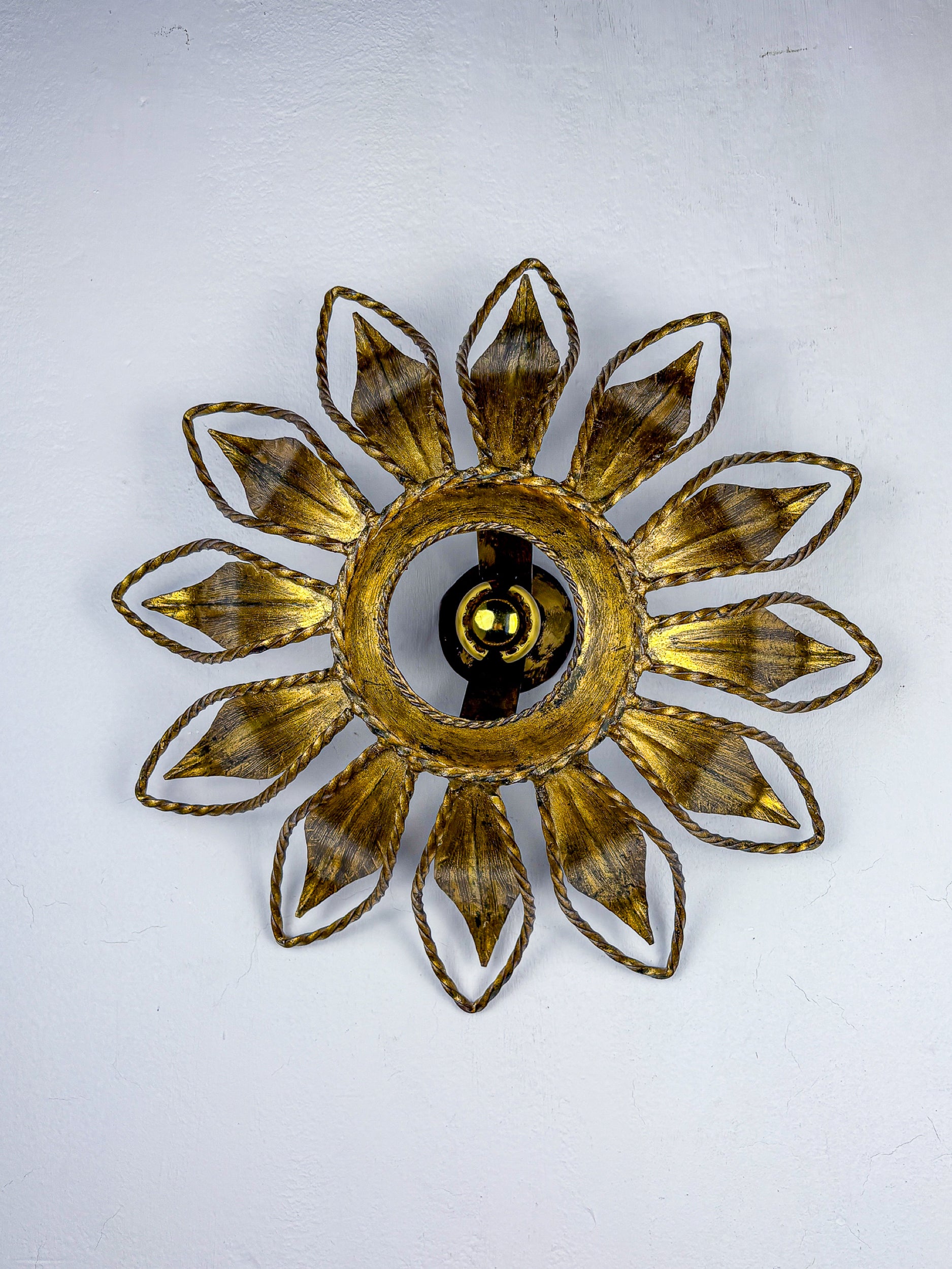 Sunburst ceiling light fixture or sconce, Gilt Iron & Exposed Bulb France, 1970's