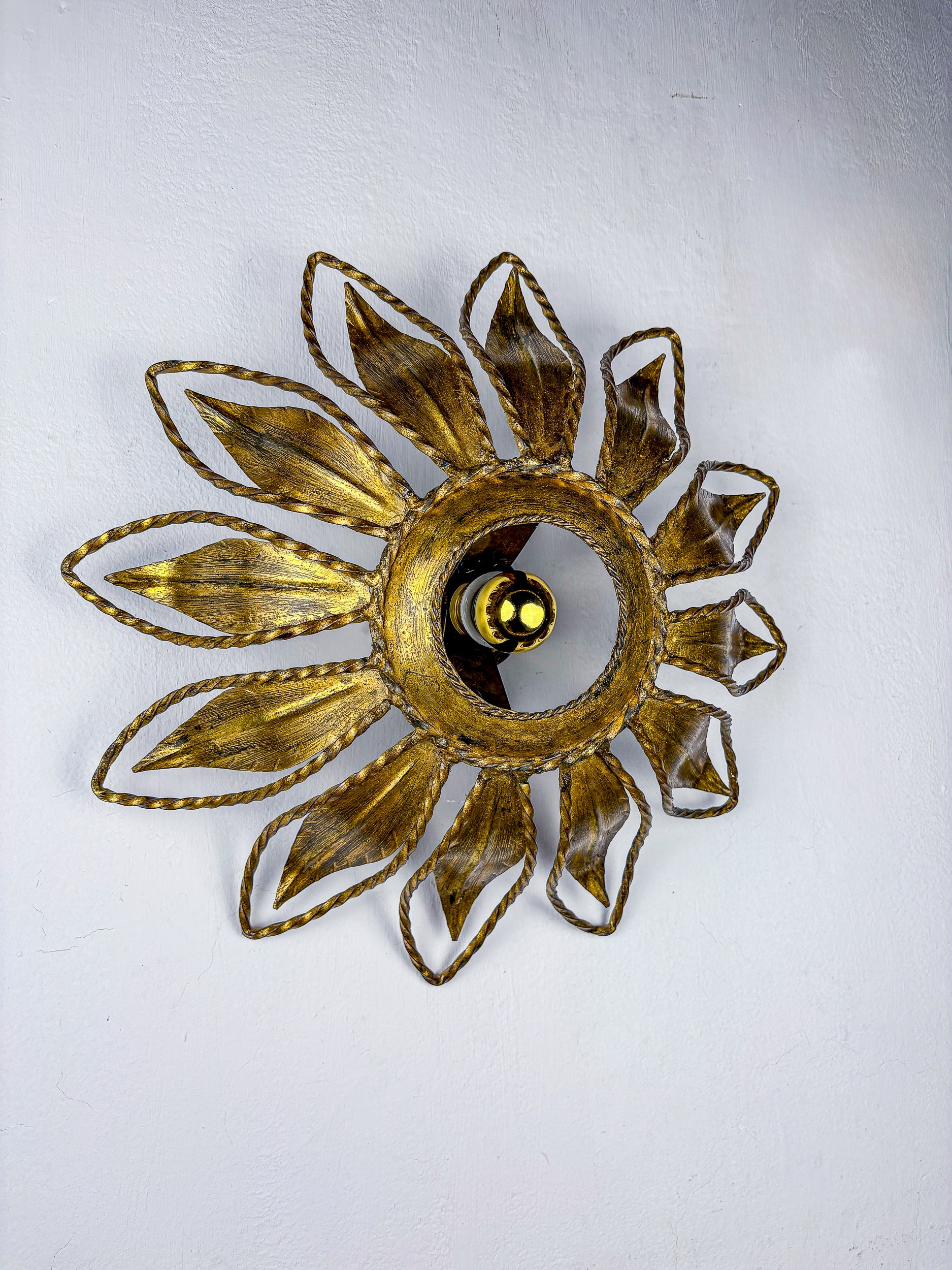 Sunburst ceiling light fixture or sconce, Gilt Iron & Exposed Bulb France, 1970's
