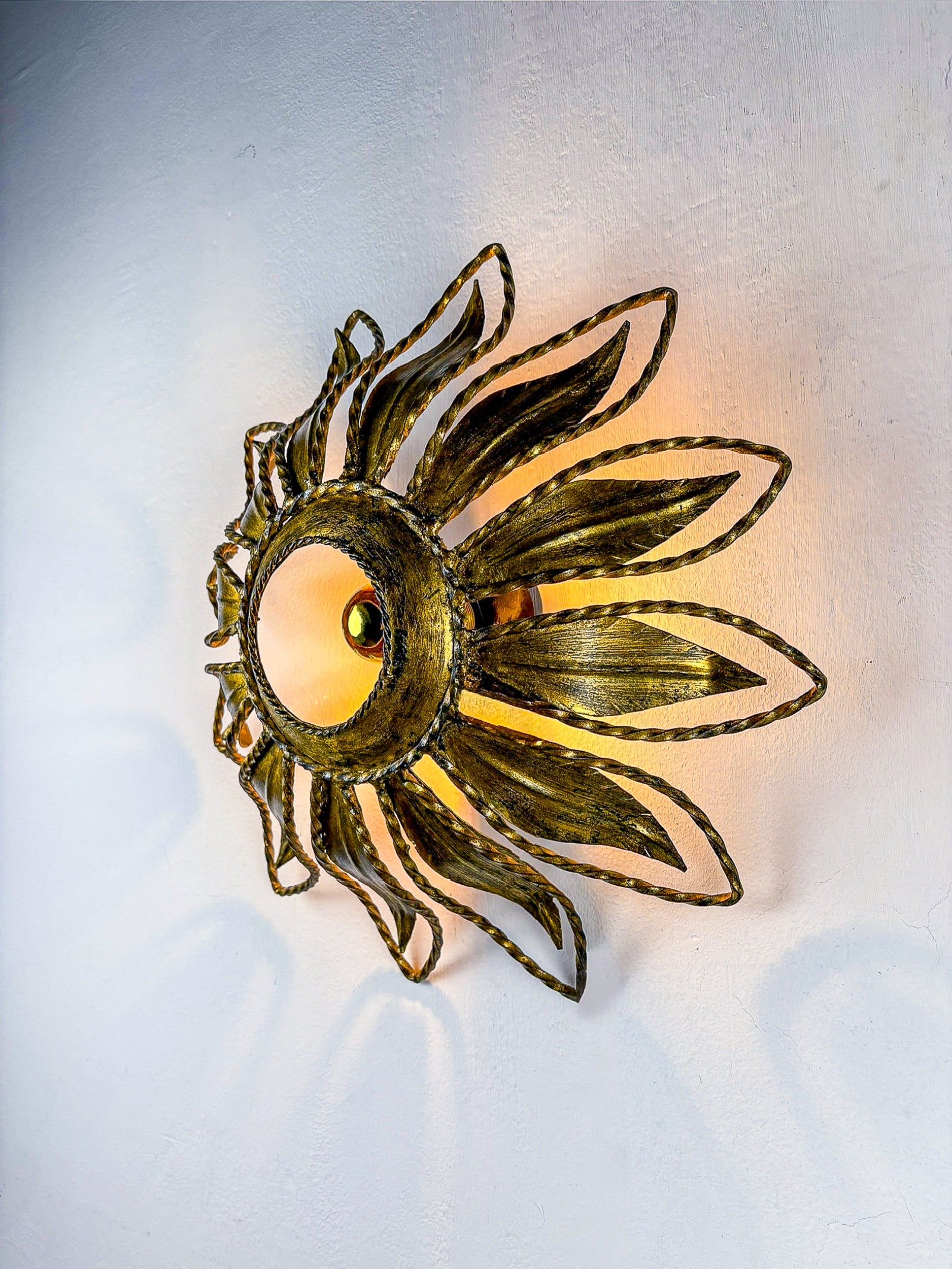 Sunburst ceiling light fixture or sconce, Gilt Iron & Exposed Bulb France, 1970's